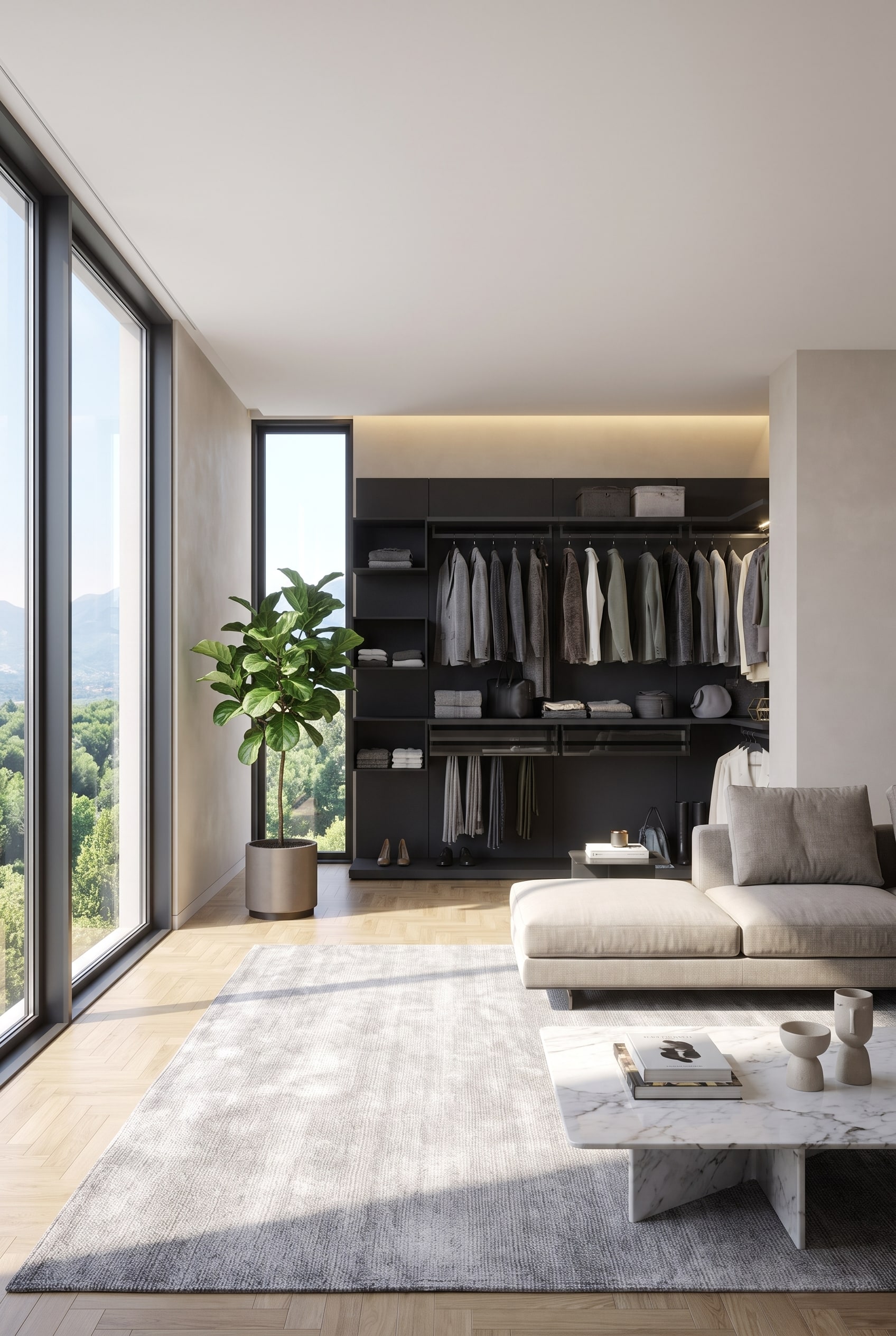 Begehbarer Kleiderschrank mit wandh&auml;ngendem Schienensystem, Modulen aus Aluminium und Holz, dar&uuml;ber verstellbare Kleiderstangen und Schubladenelemente