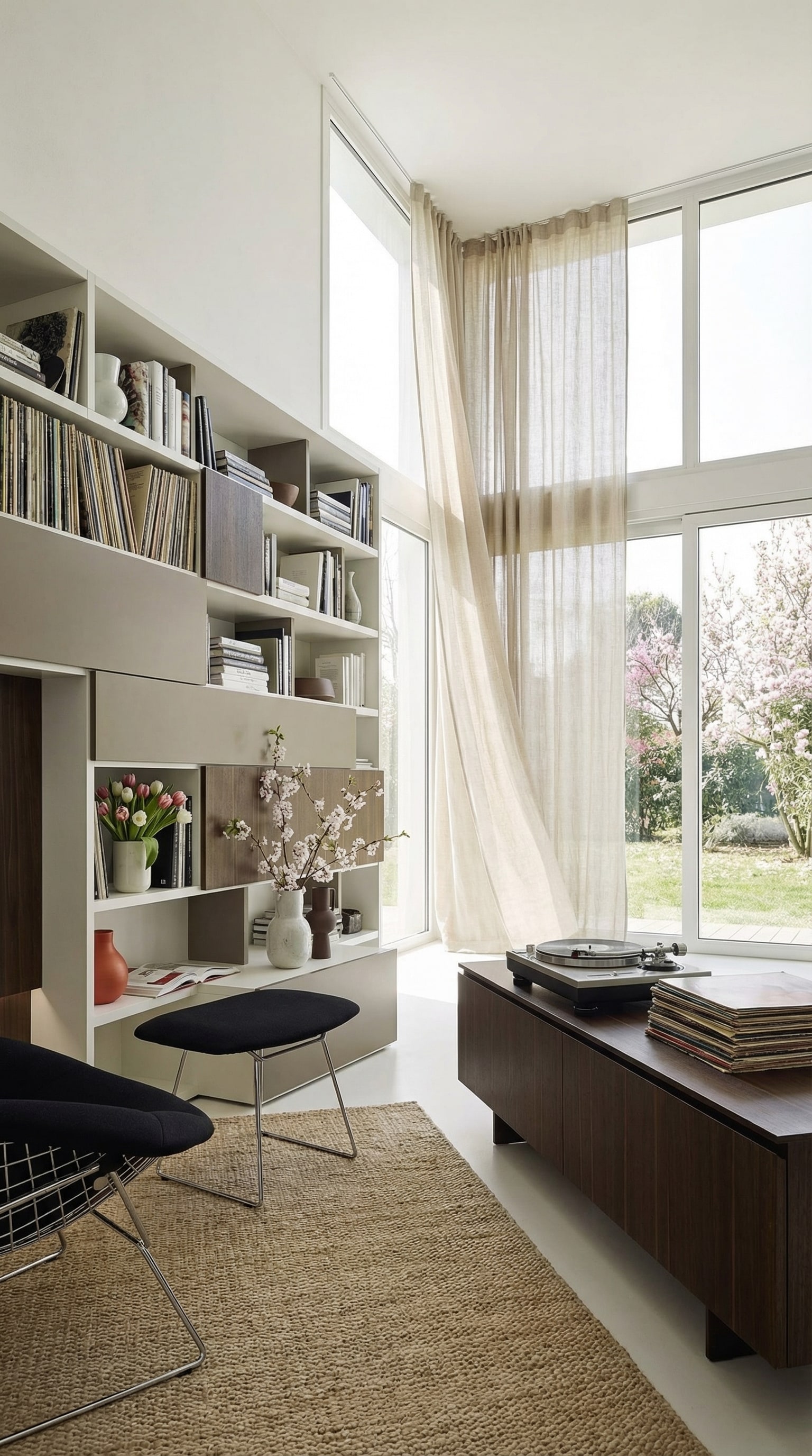 Modernes B&uuml;cherregal mit Schallplatten und Fr&uuml;hlingsdekoration im hellen Wohnzimmer