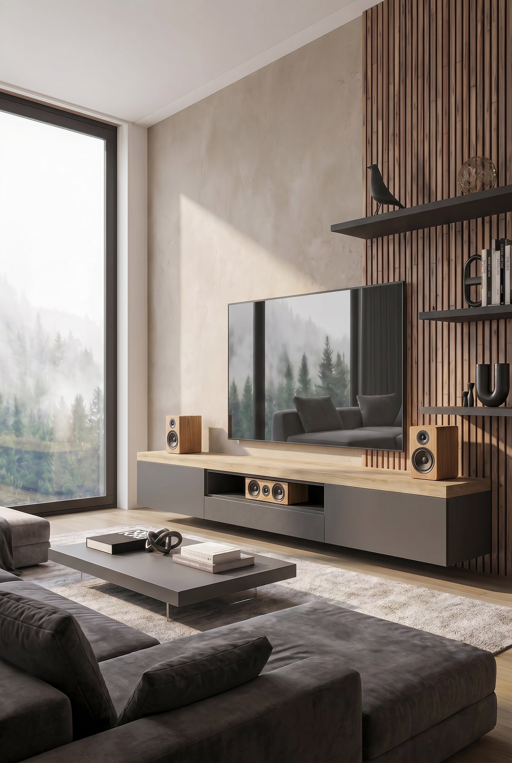 Modernes Wohnzimmer mit dunkelgrauem Lowboard auf dem Boden, sichtbare Holzmaserung als Akzent und unsichtbar integrierter Soundbar hinter Stofffront