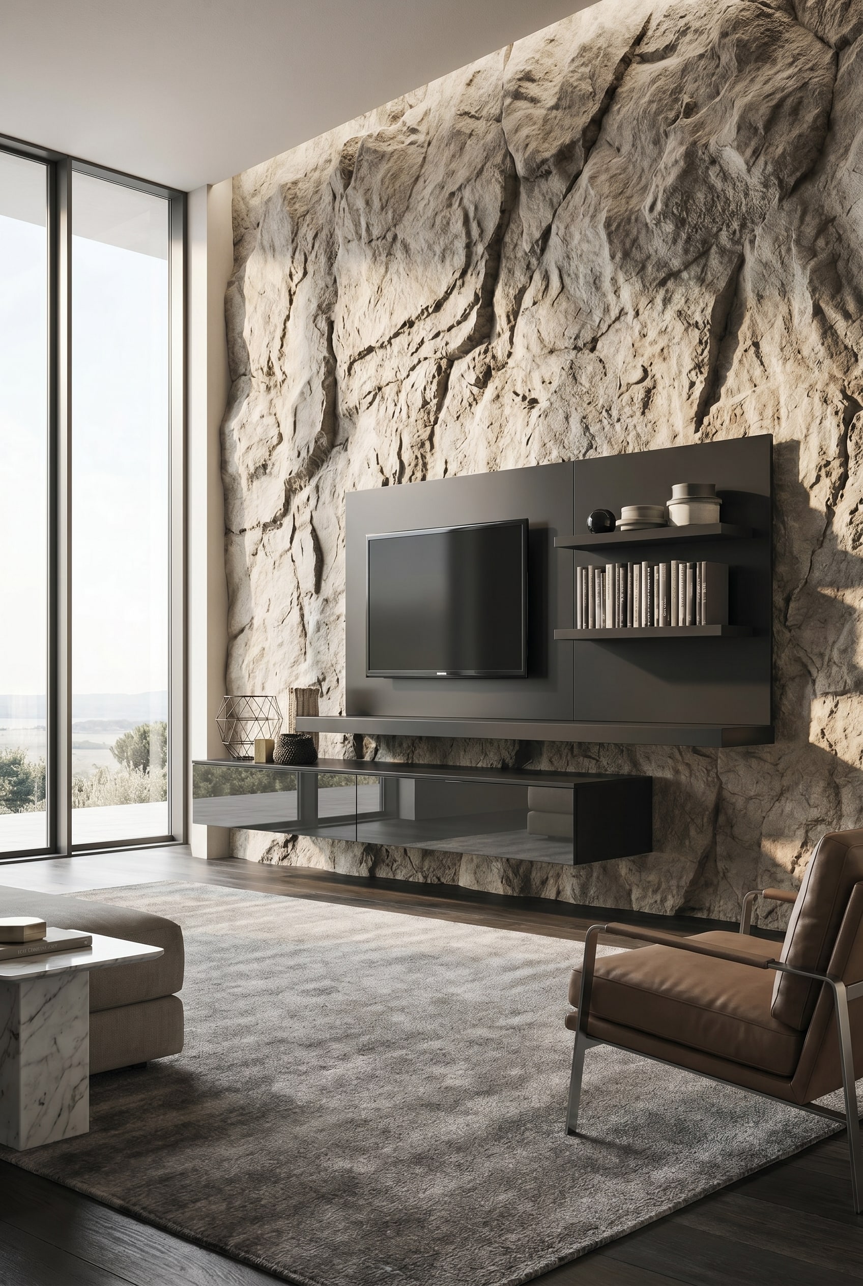 Minimalist floating dark wall unit in front of a rough artificial rock wall in the living room