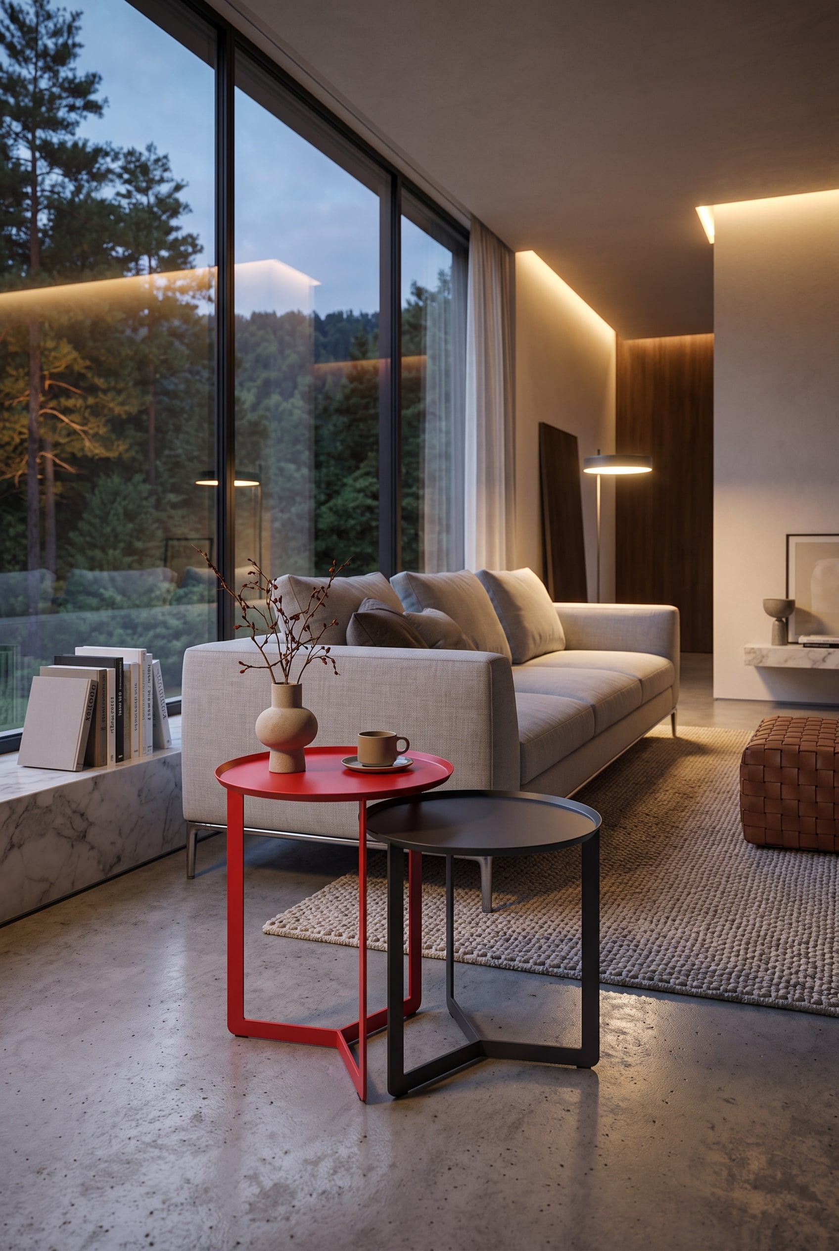 Living room with an ensemble of three round side tables in staggered heights (35, 40, 45 cm) and different materials, grouped in front of a light sofa.