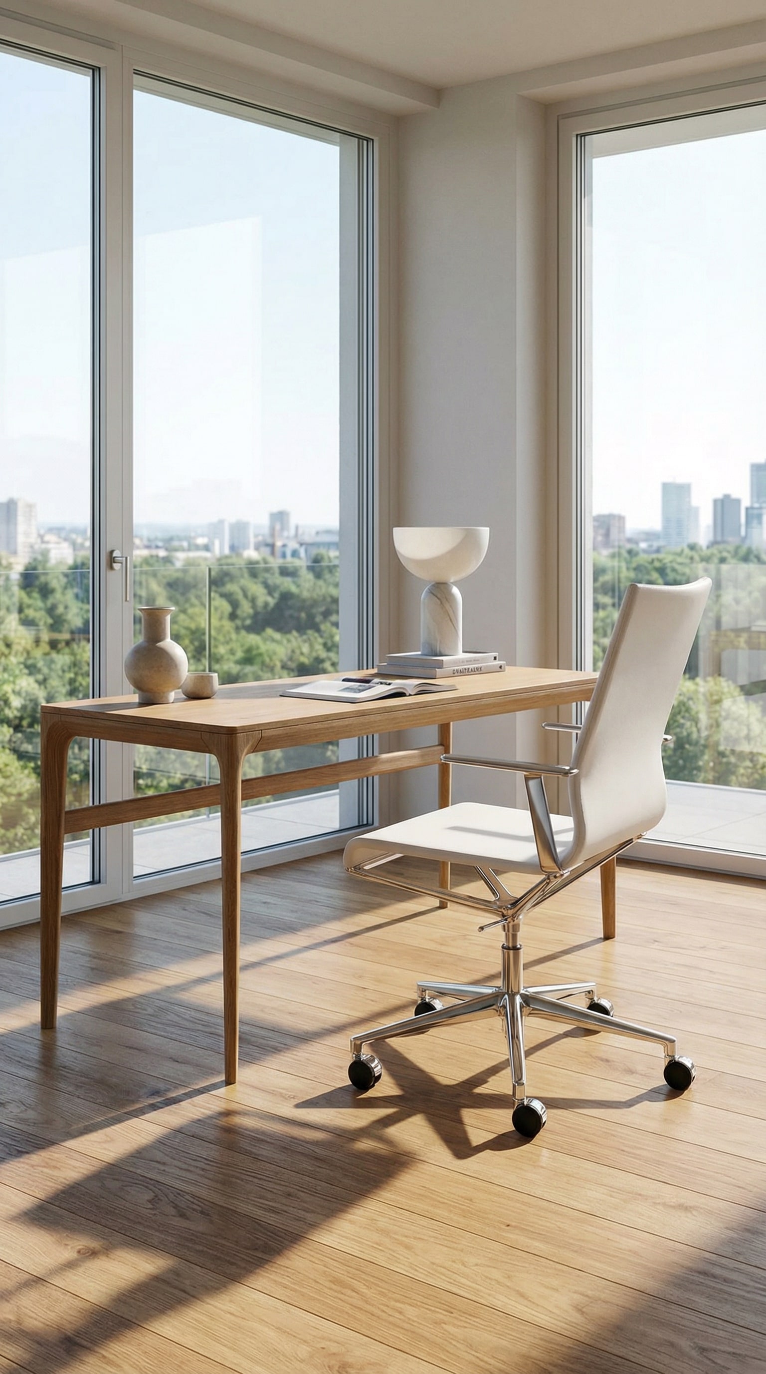 Der filigrane ICF Stick ETK B&uuml;rostuhl in einem minimalistisch eingerichteten Home Office Bereich mit Eichenparkett