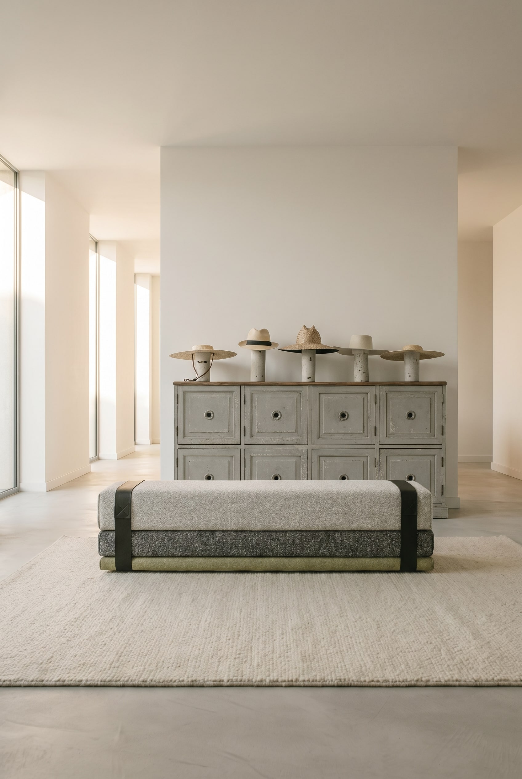 Living room with a monolithic, cubic sofa bed in light, matte fabric, surrounded by calm architecture