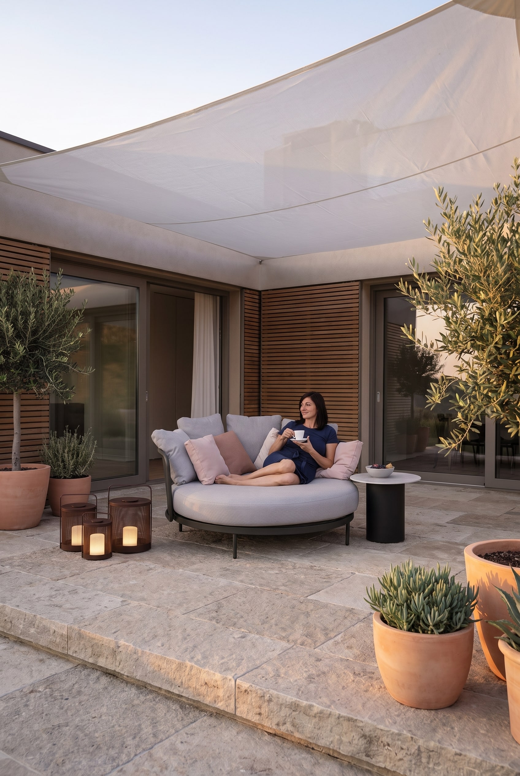Sunny natural stone terrace with a round, light grey lounge daybed, generously shaded by a white sun sail