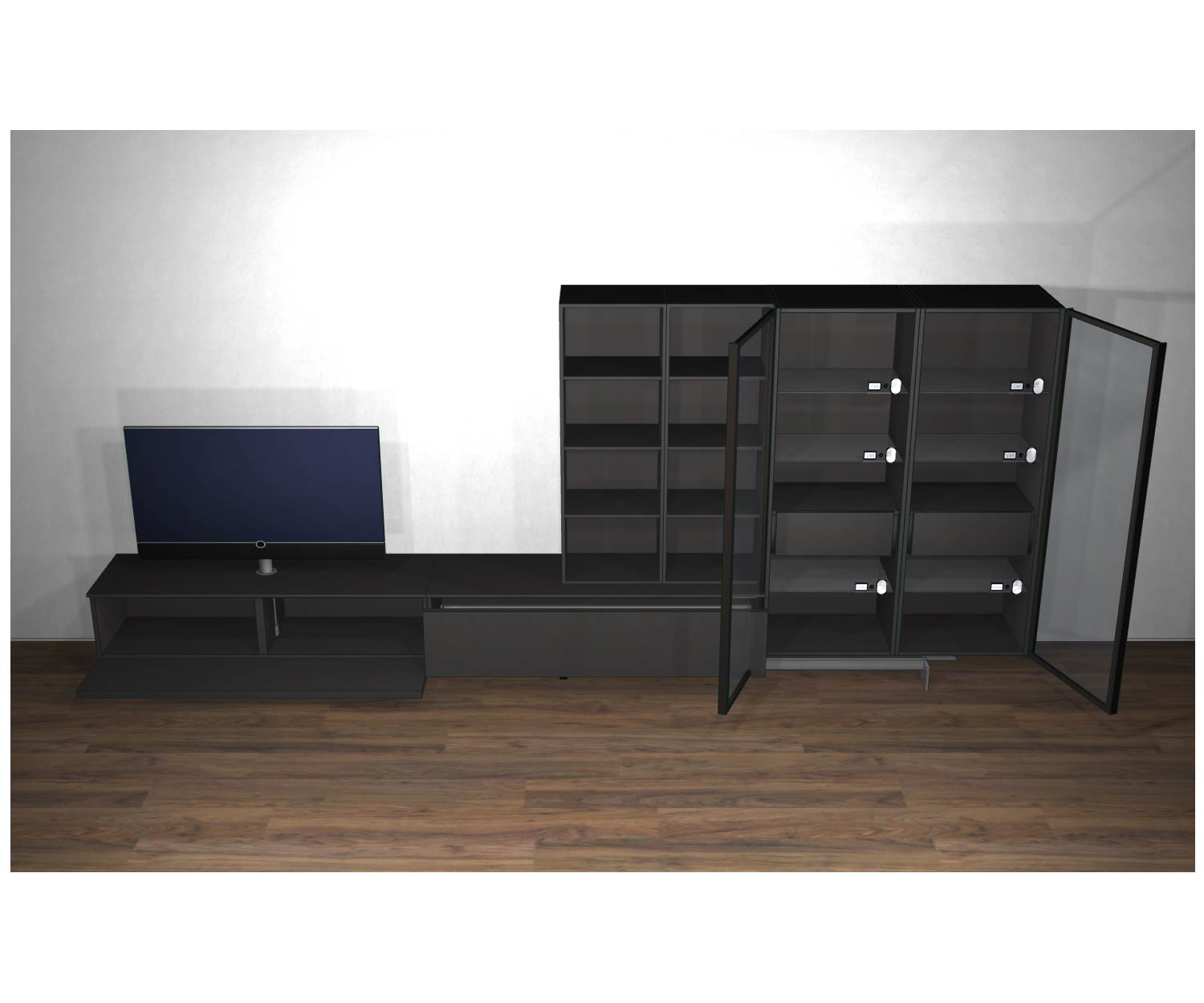 Livitalia Design Wohnwand C43 Design Lowboard und Vitrine mit offenen Türen