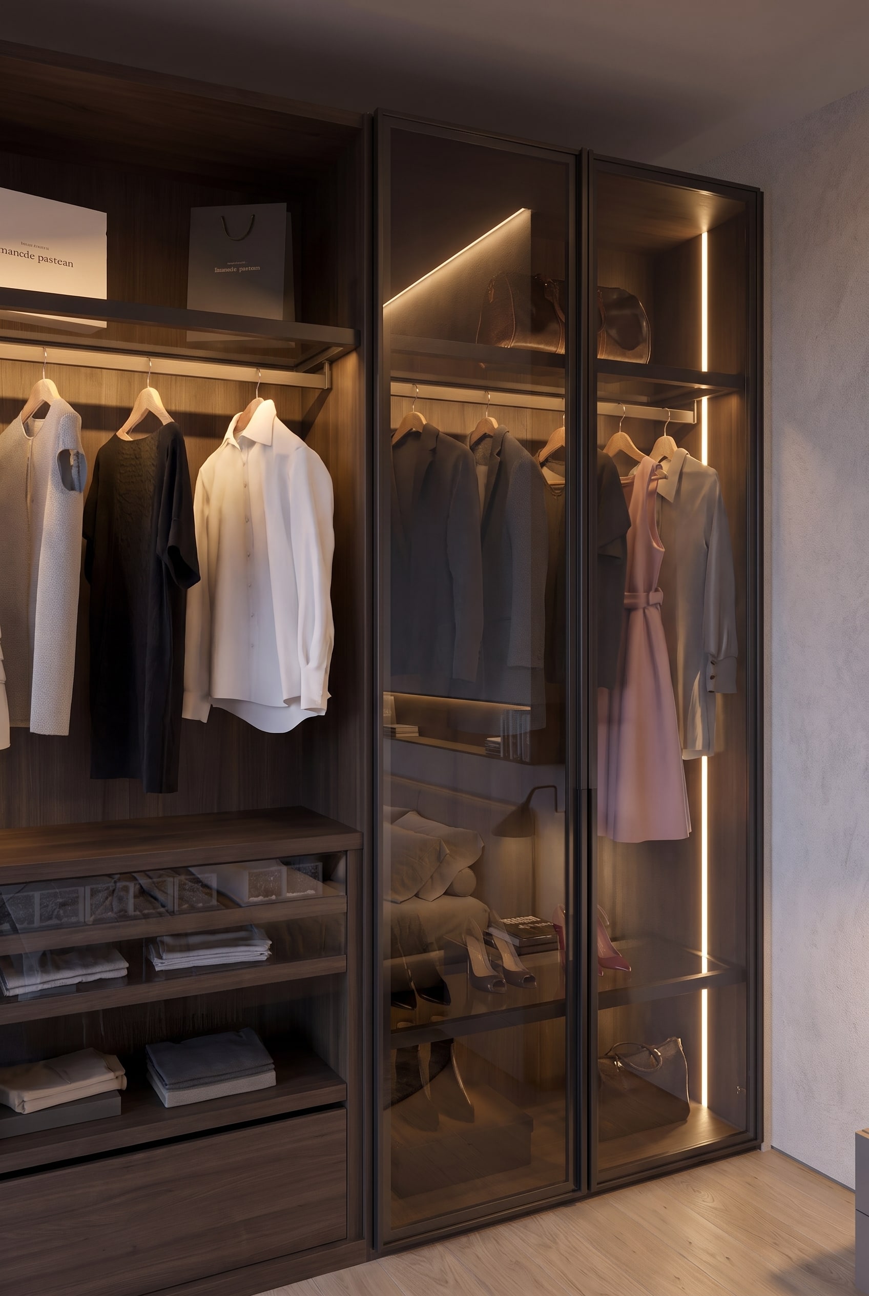 Detailed view of dark smoked glass doors of a wardrobe with warm white LED interior lighting and hanging clothes.