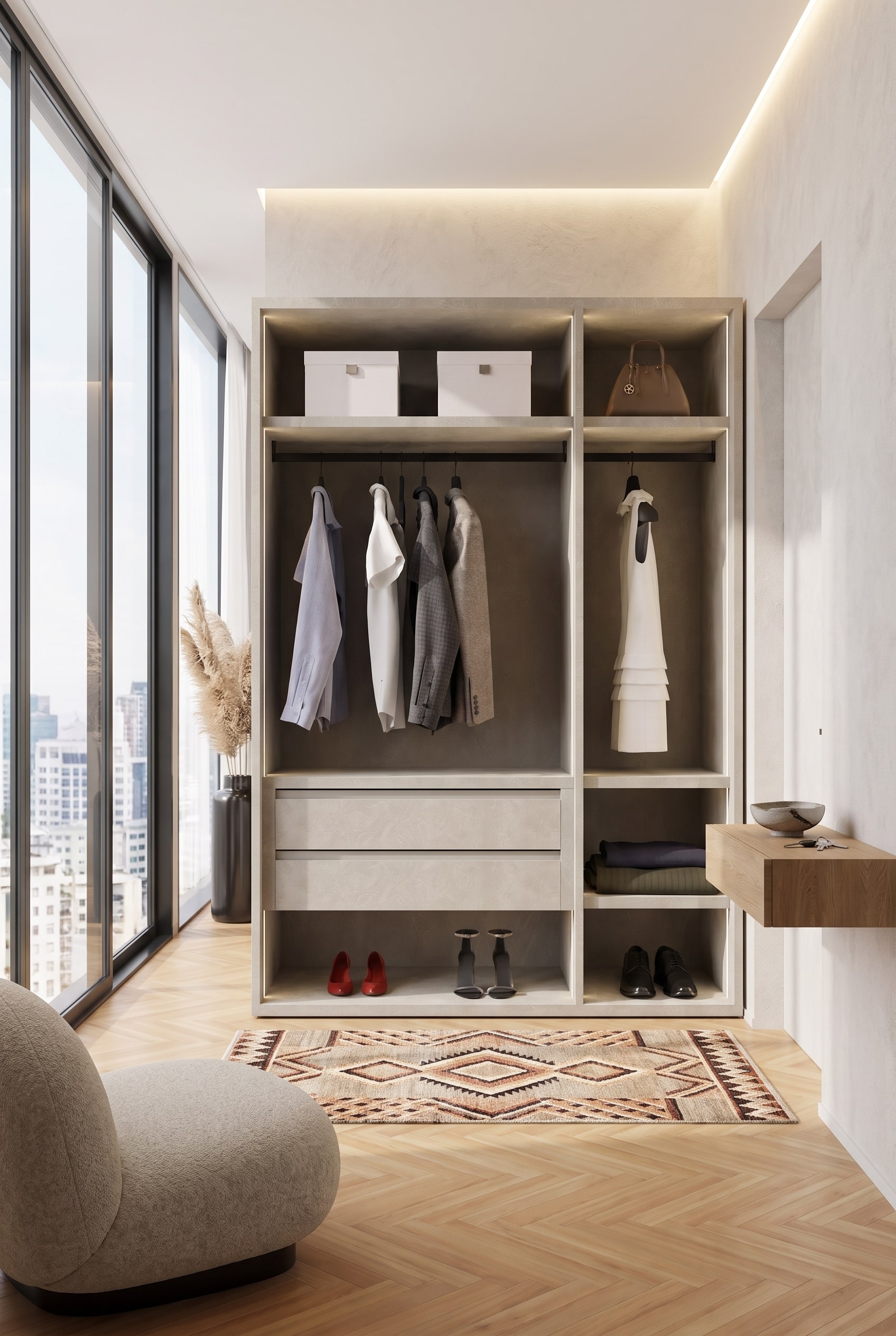 Bright hallway with an open oak wardrobe module, neatly hung coats, and a geometric rug