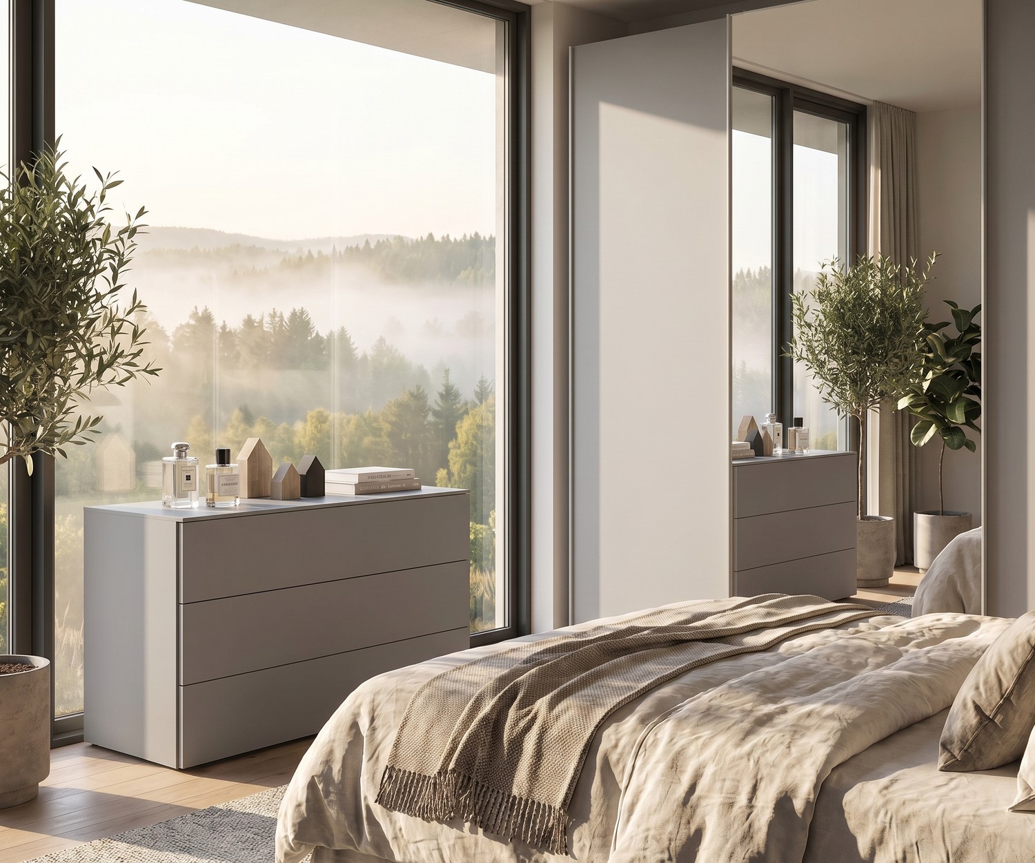 Livitalia Atena Kommode im Schlafzimmer, moderne graue Design-Kommode neben einem großen Panoramafenster.