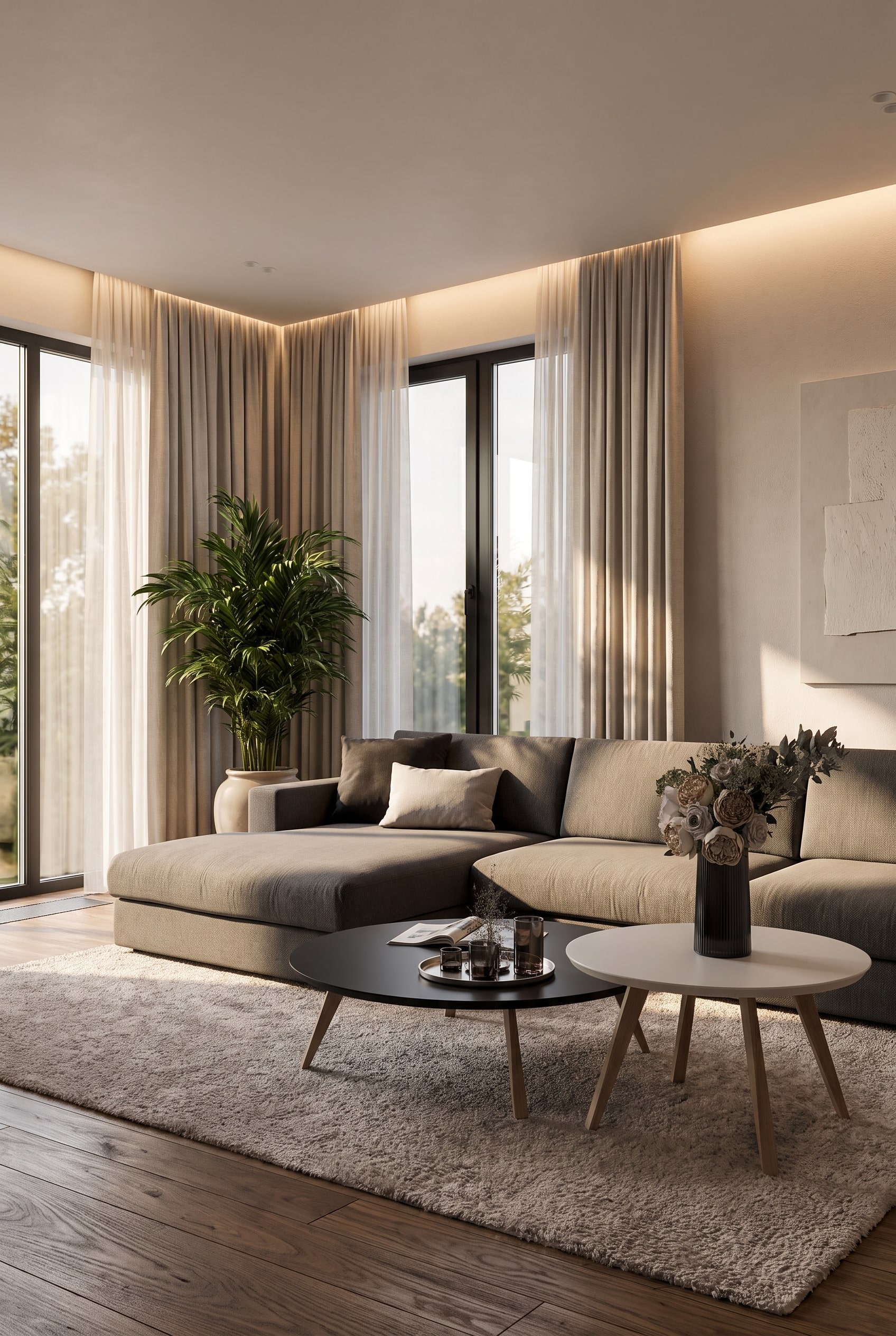 Living room in layering look with a generous Prostoria Sofa Classic in greige as a haptic foundation