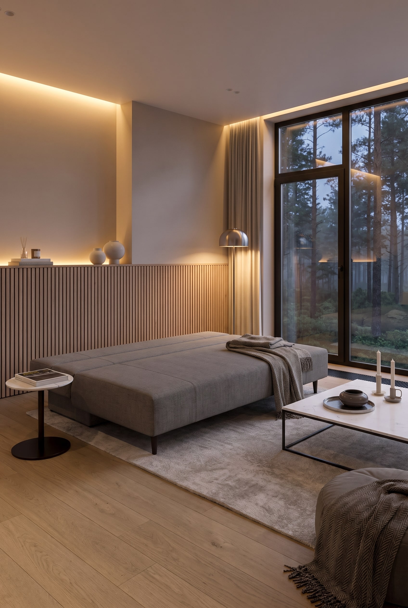 Bright room with an elegant, linear sofa bed in light grey and a small wooden console