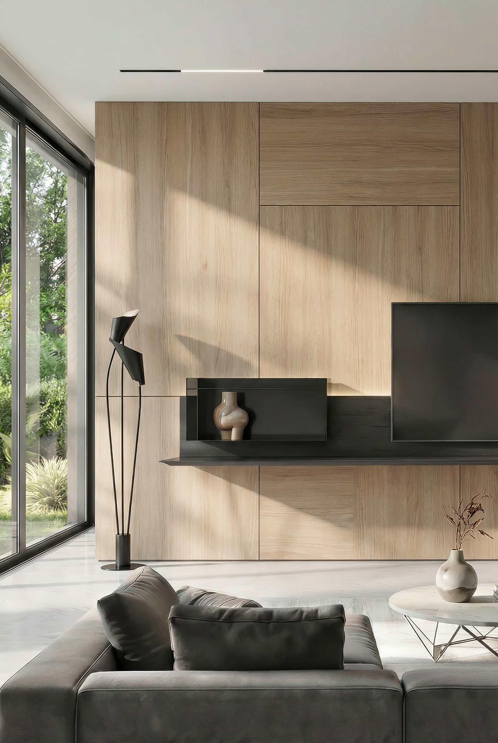 Asymmetrisches TV Wandboard mit versetzten Regalebenen
