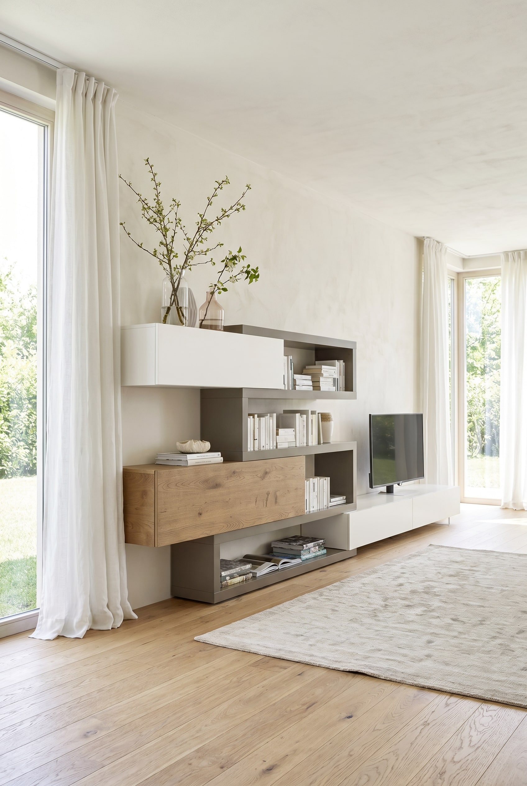 Asymmetrical Corner Wall Unit in modern country house style with staggered levels and wood accents