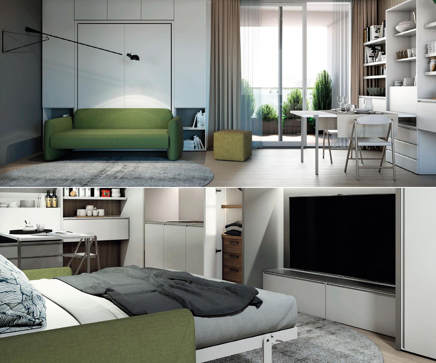 Moderner Wohn- und Schlafraum in einer 1 Zimmer Wohnung mit transformierbarem Schrankbett Sofa