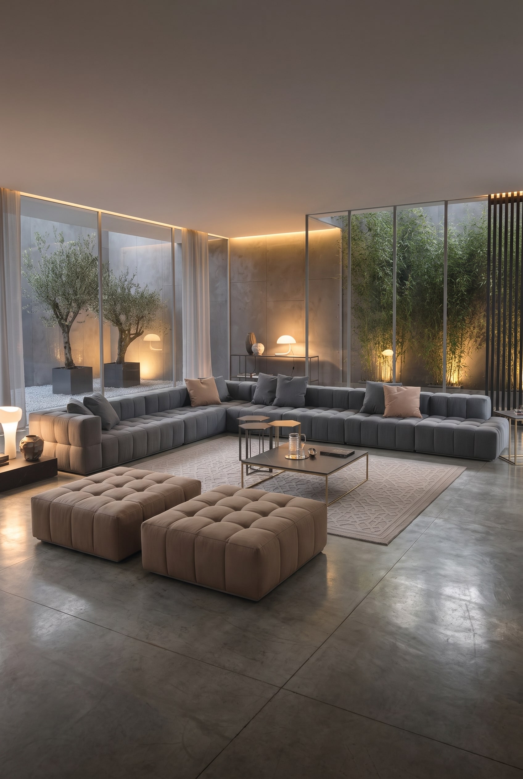 Large gray lounge sofa in modular U-shape on a light rug in an open industrial loft