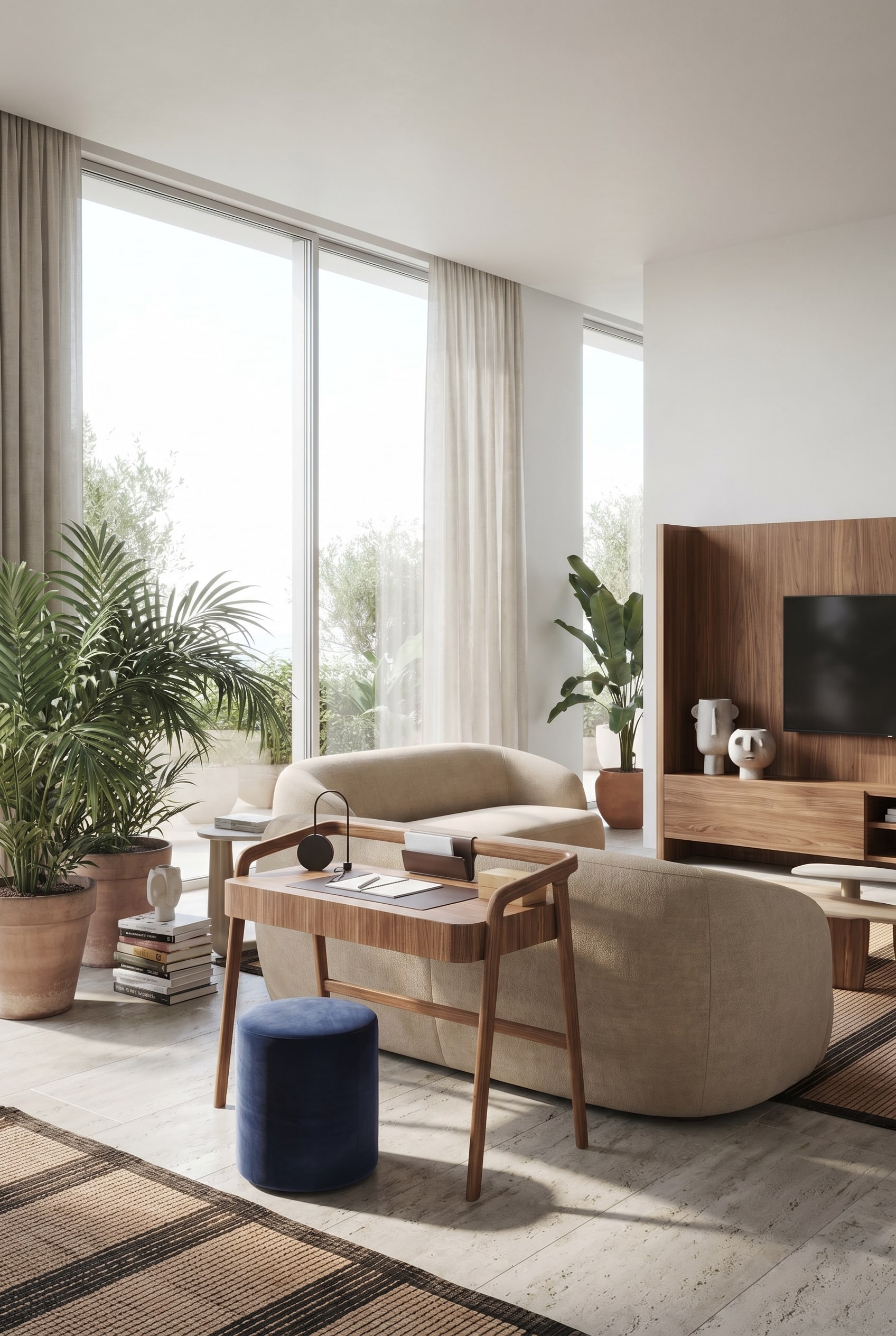 Minimalist living room with elegant walnut wood desk and beige upholstered stool