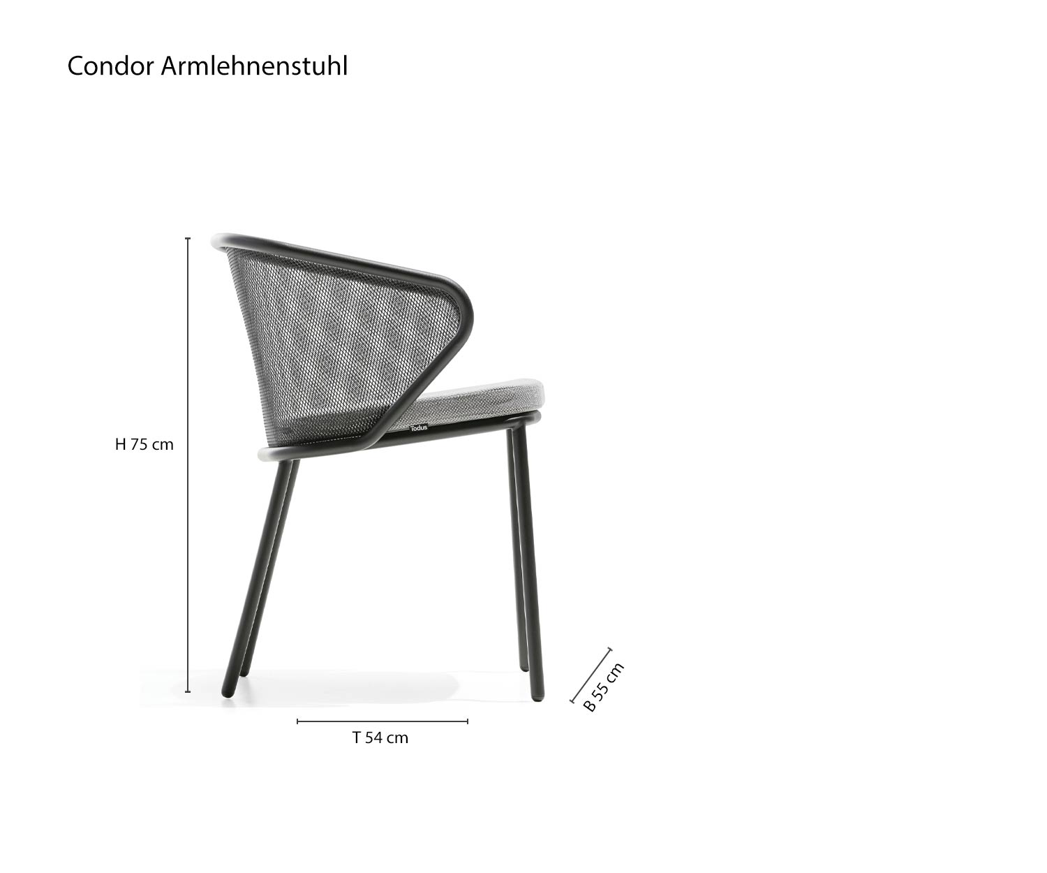 Designer Armlehnenstuhl Condor von Todus Maße Skizze Größen Größenangaben