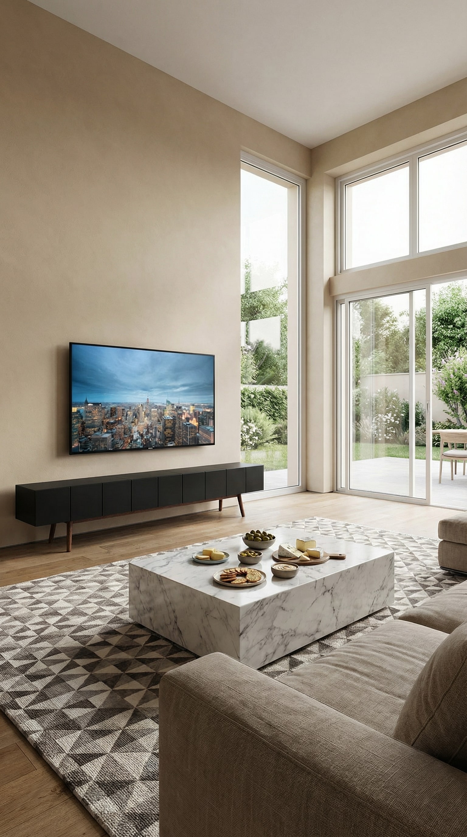 Elegantes al2 Lowboard MOS-I-KO in einem weiten, beige gehaltenen Wohnzimmer Elegantes al2 Lowboard MOS-I-KO in einem weiten, beige gehaltenen Wohnzimmer