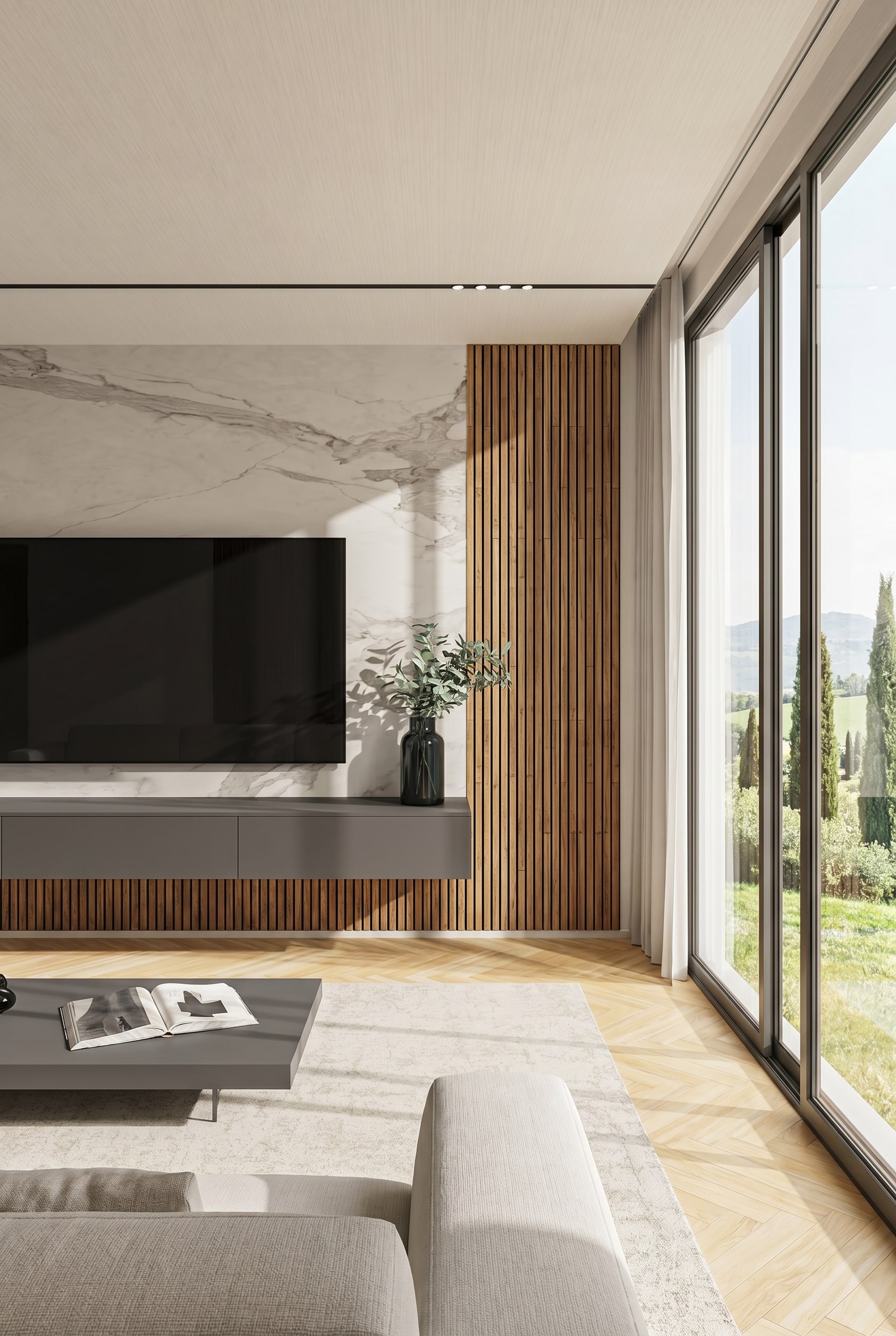 Elegant wall unit with vertical wood slats and light ceramic surface in spring light