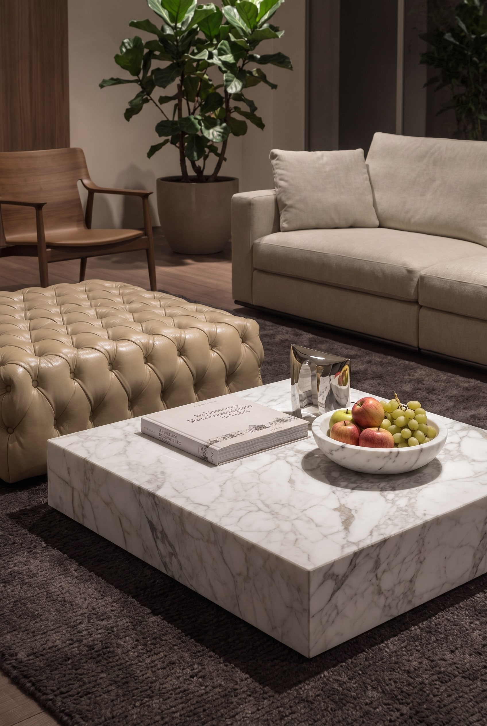 Close-up of a massive coffee table made of light marble, placed on a soft, dark wool rug