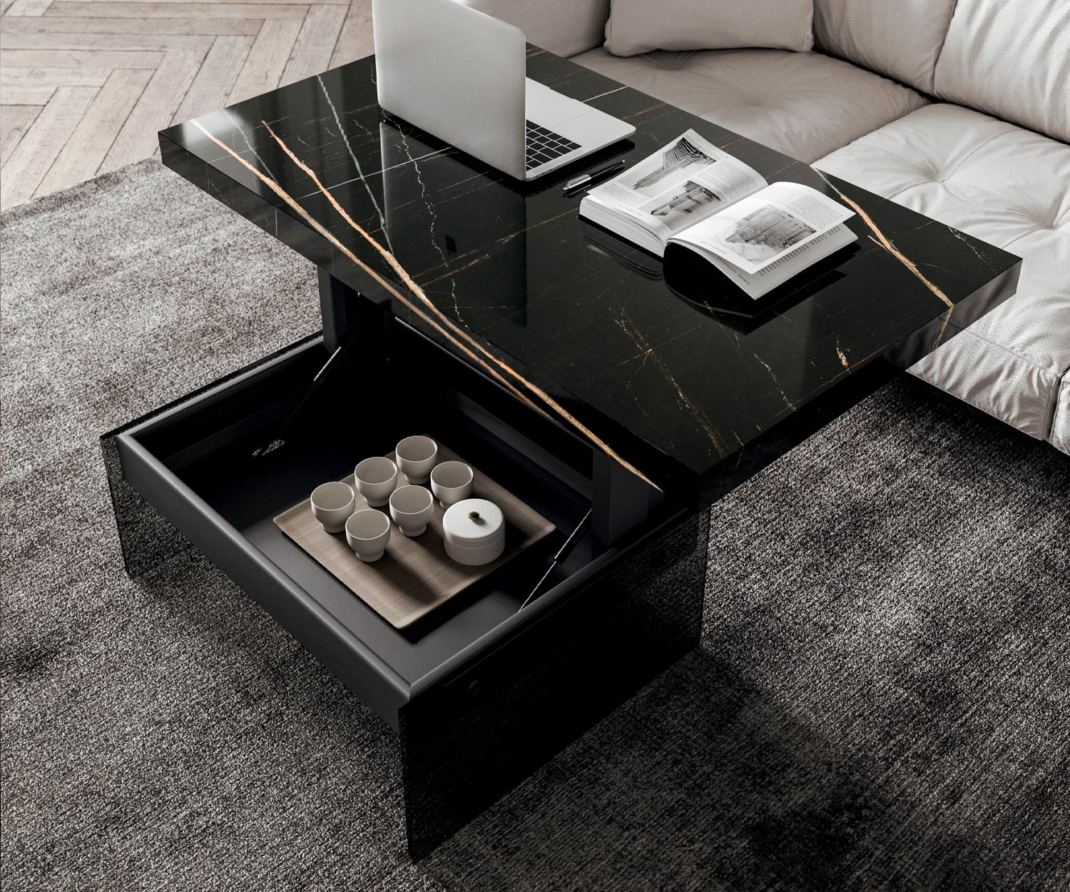 Geöffneter Couchtisch Bellagio von Ozzio mit schwarzer Tischplatte Marmor Glas