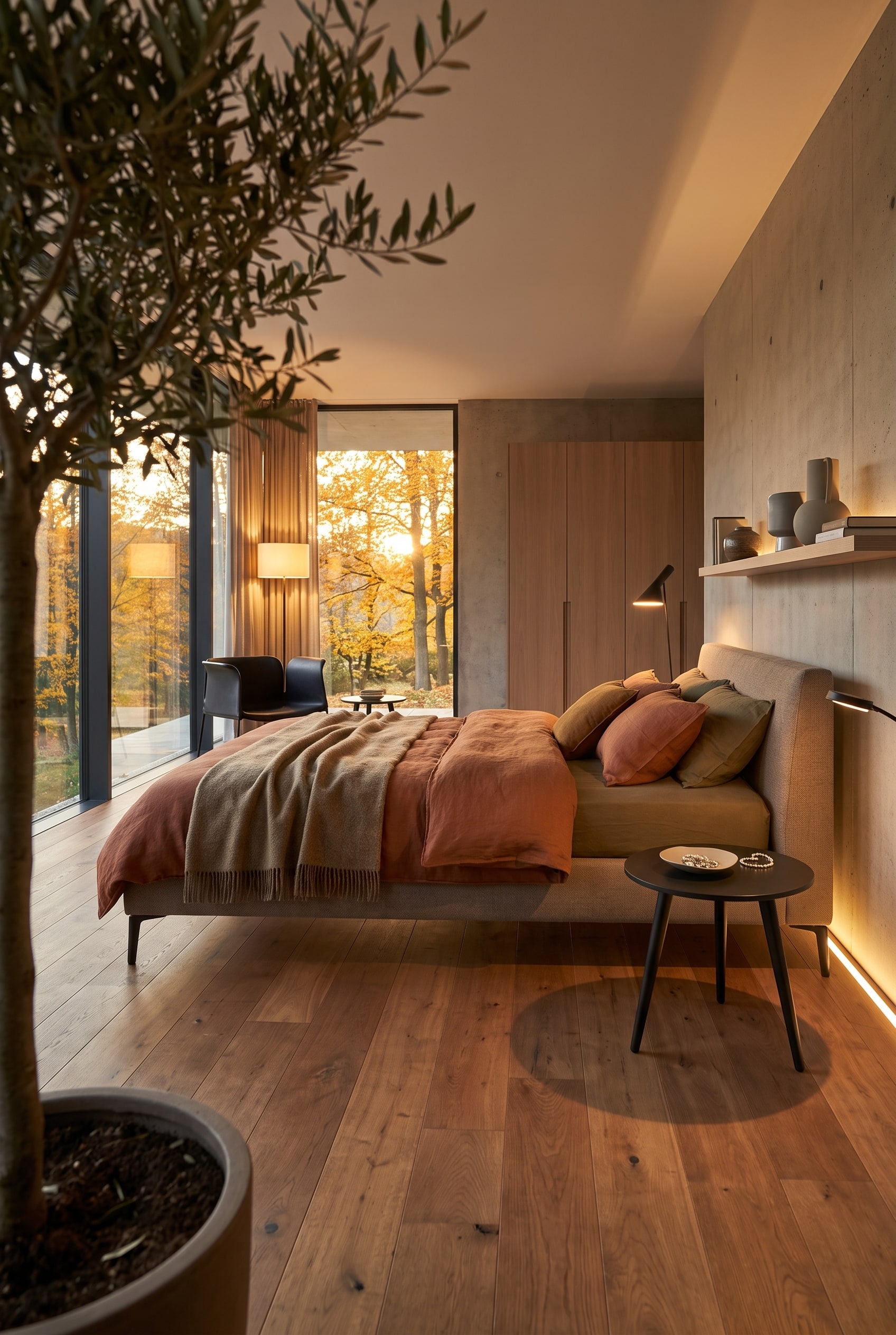 Minimalist side table with delicate legs on a light wooden floor next to a cozy bed, visually enlarging the room