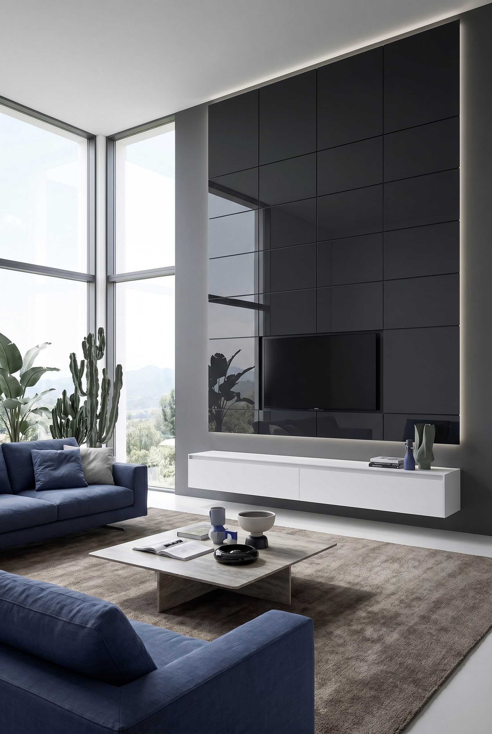 Wei&szlig;es griffloses Lowboard vor anthrazitfarbener Wand mit fl&auml;chenb&uuml;ndig integriertem Smart-TV