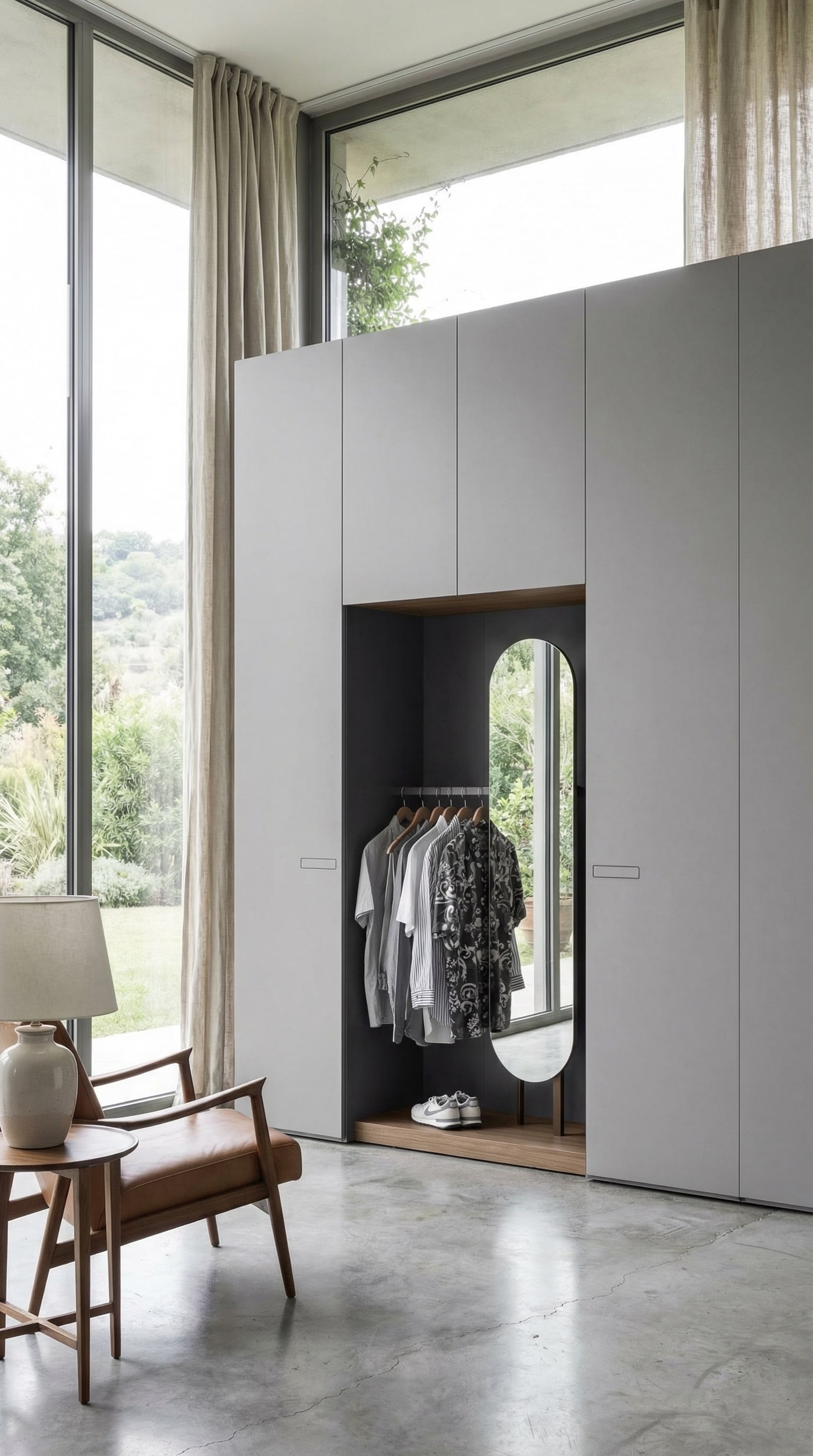 Ein moderner Kleiderschrank mit einer integrierten, offenen Garderobennische in der Mitte. Ein moderner Kleiderschrank mit einer integrierten, offenen Garderobennische in der Mitte.