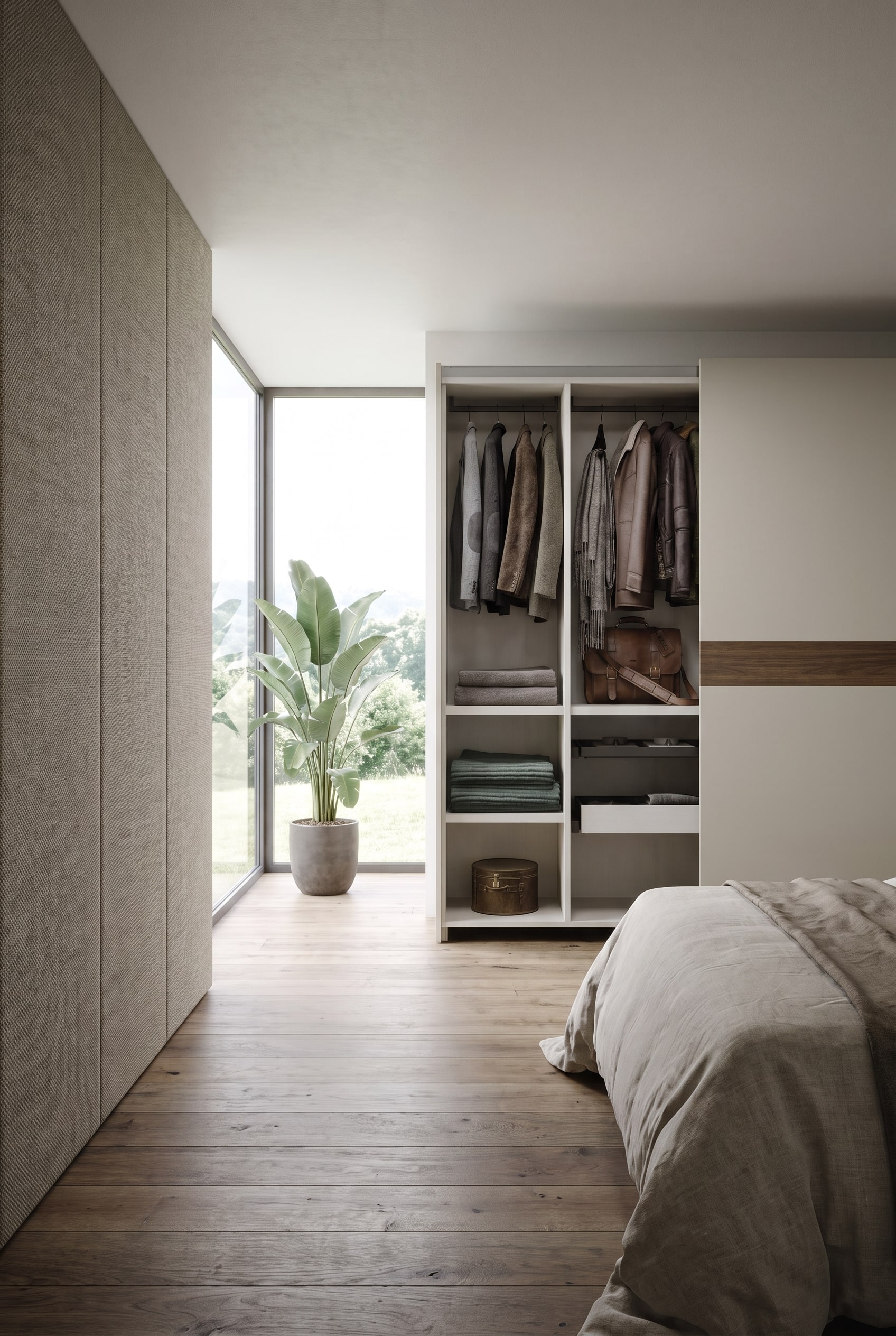 Schlafzimmer mit großflächigem Kleiderschrank mit glatten Schiebetüren gegenüber einem textilen Wandpaneel