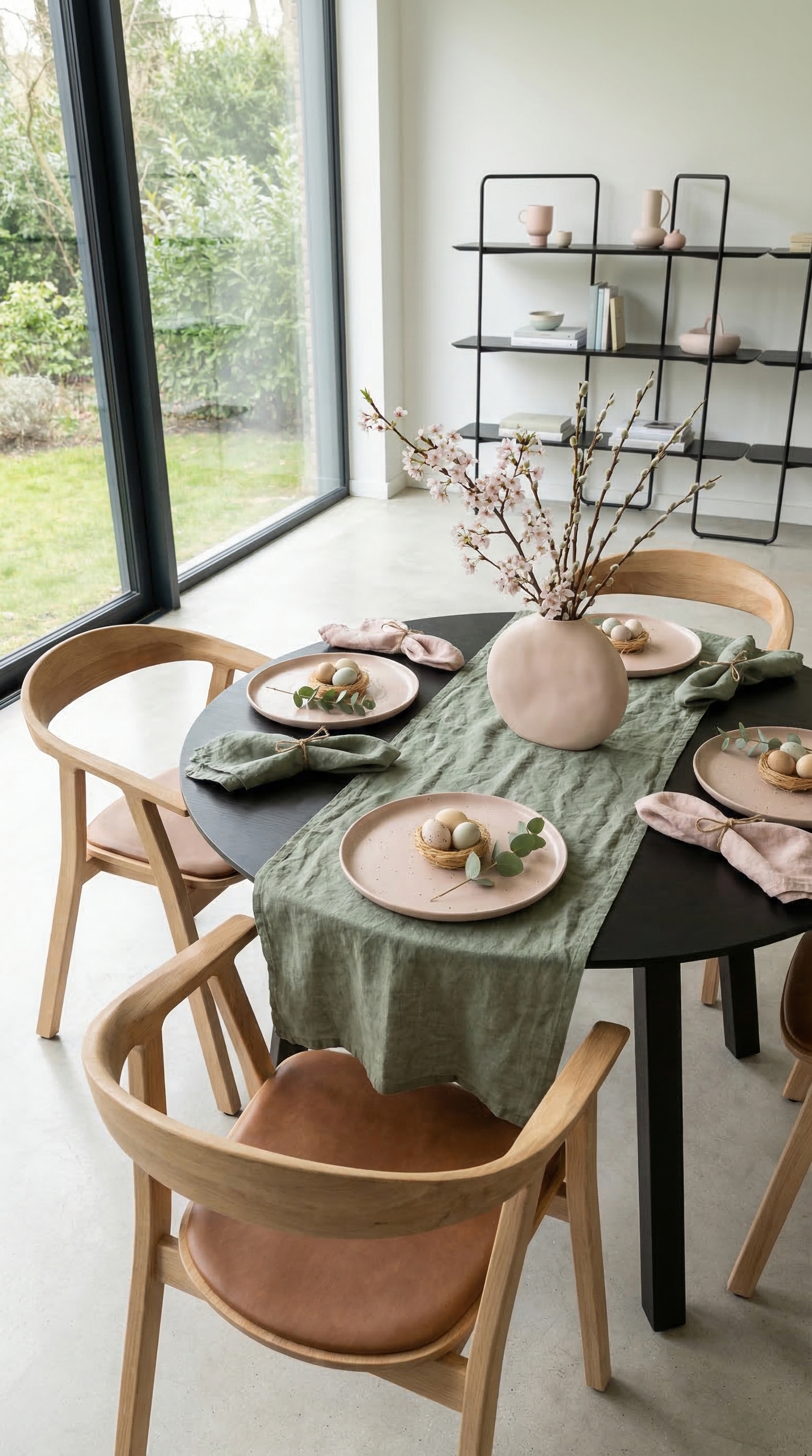 Ein festlich gedeckter Esstisch für den Osterbrunch in Salbeigrün und Rosa vor großen Fenstern. Ein festlich gedeckter Esstisch für den Osterbrunch in Salbeigrün und Rosa vor großen Fenstern.