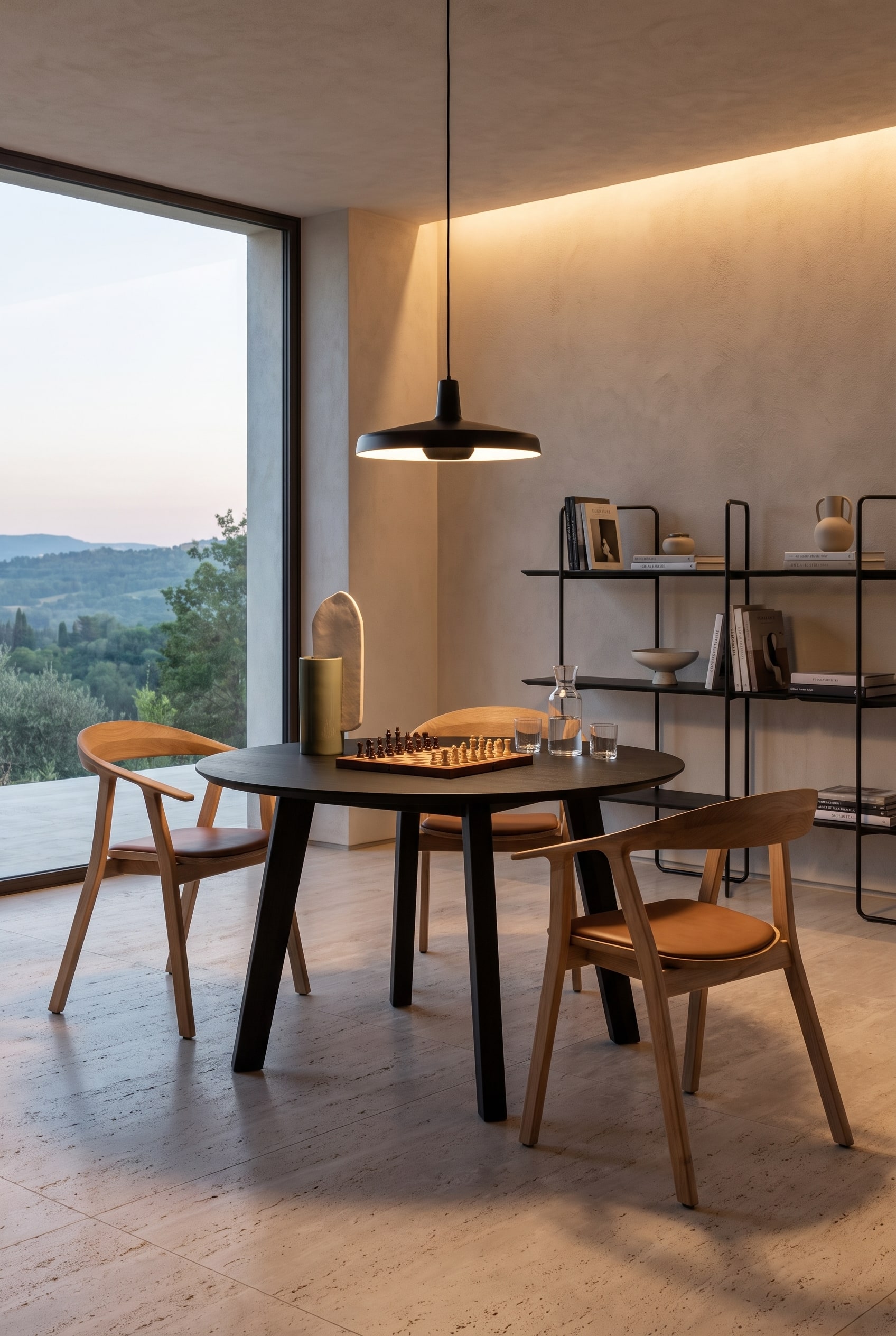 Minimalistisches Esszimmer mit einem schwarzen runden Holztisch und drei Eichenholzst&uuml;hlen vor einem offenen schwarzen Metallregal