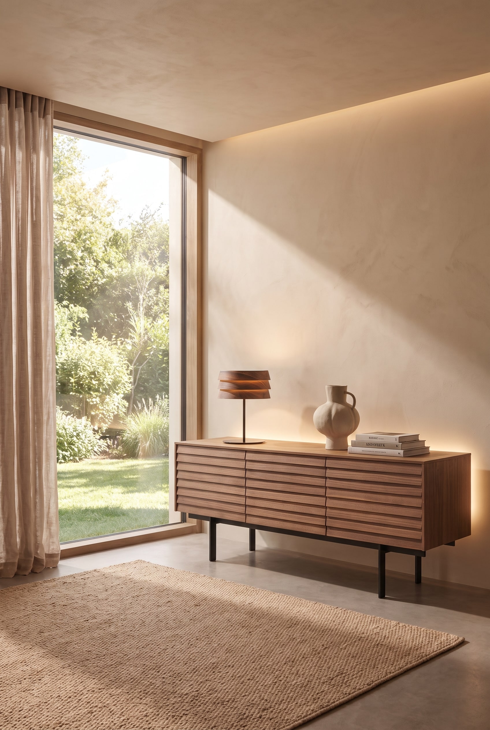 Modernes Wohnzimmer mit dunklem Eichenholz-Sideboard und eleganter Tischleuchte in Walnuss vor gro&szlig;en Fenstern