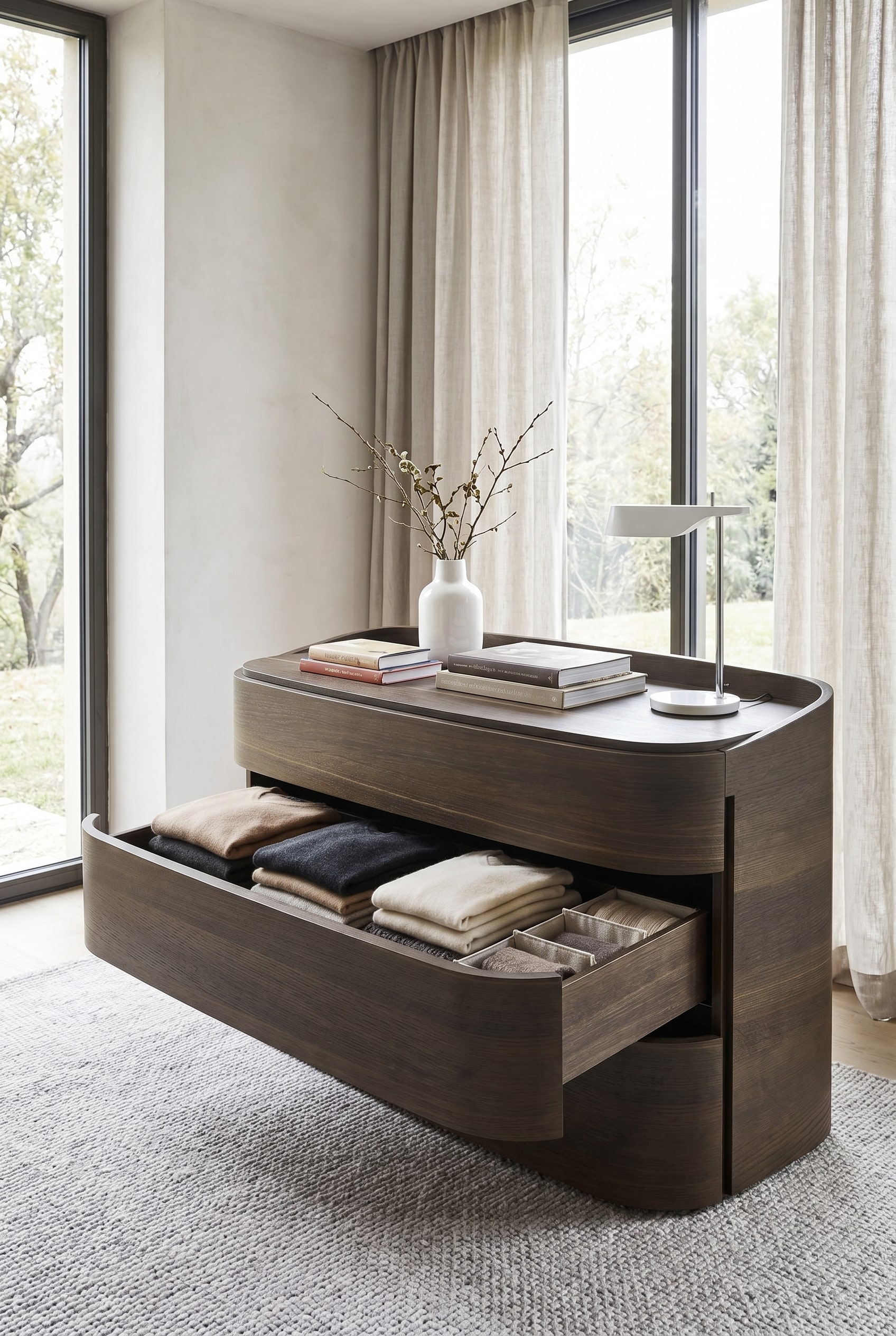 Elegantes Schlafzimmer mit massiver, abgerundeter Echtholz-Kommode