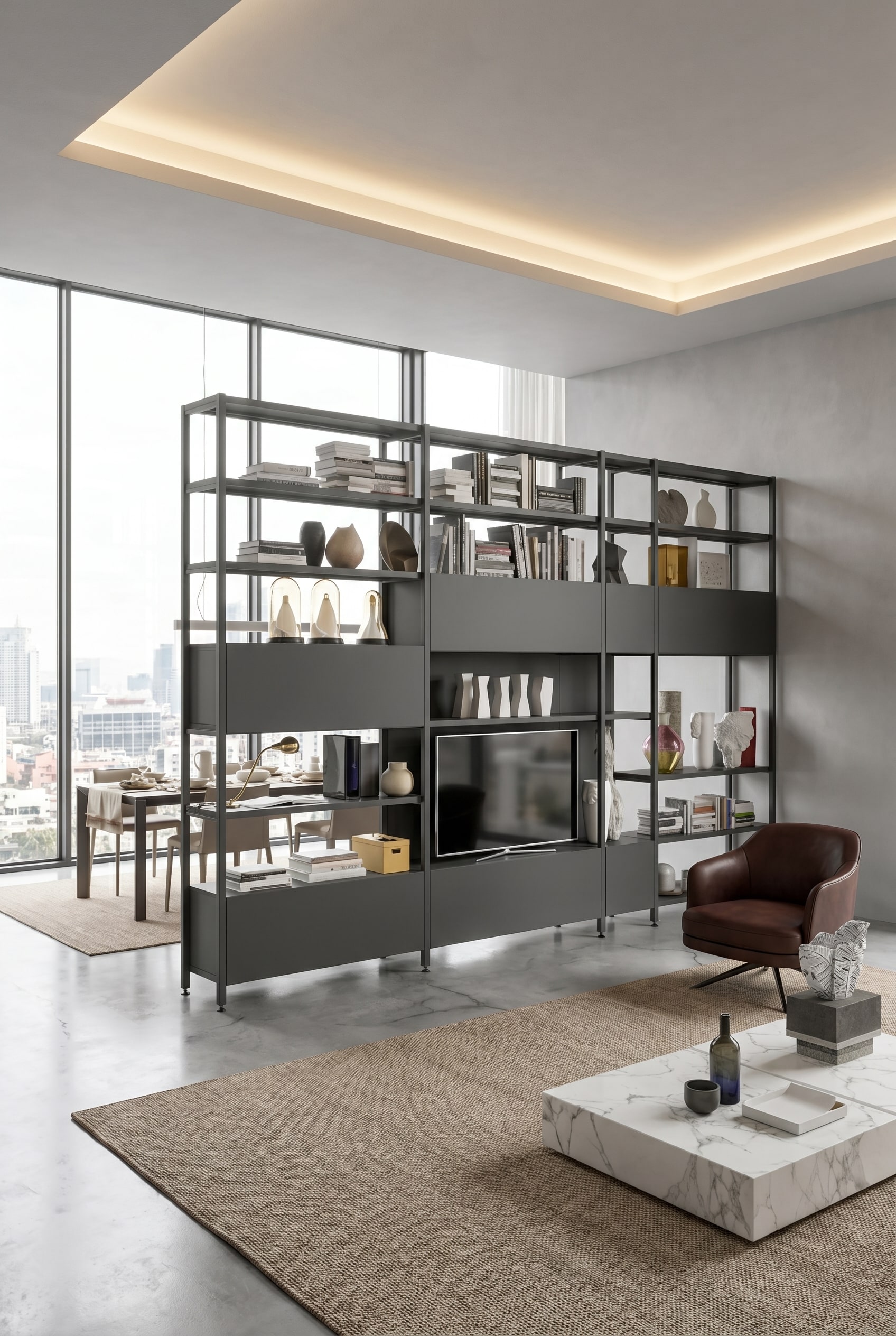 Open metal shelf Pontile as a room divider in a large living room decorated with designer vases and books
