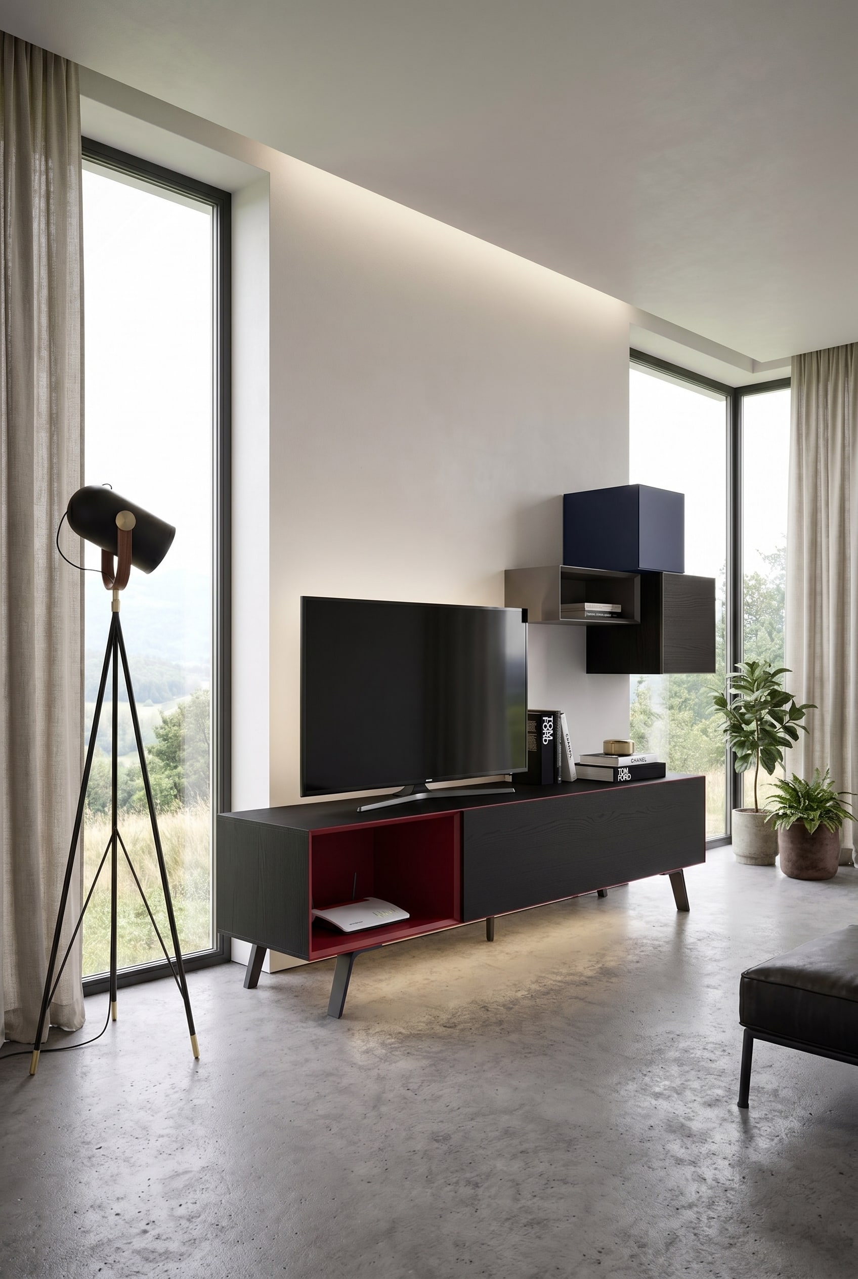Minimalistisches Wohnzimmer mit Livitalia Minimal Lowboard in Eiche Schwarz und dunklem Rot sowie einer schlichten Stehlampe