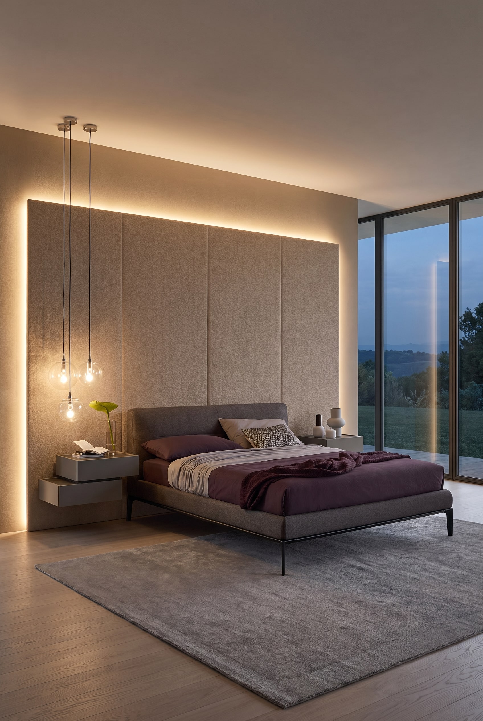 Weitl&auml;ufiges Schlafzimmer mit elegantem Polsterbett und einem &uuml;bergro&szlig;en breiten Wandpaneel aus Stoff