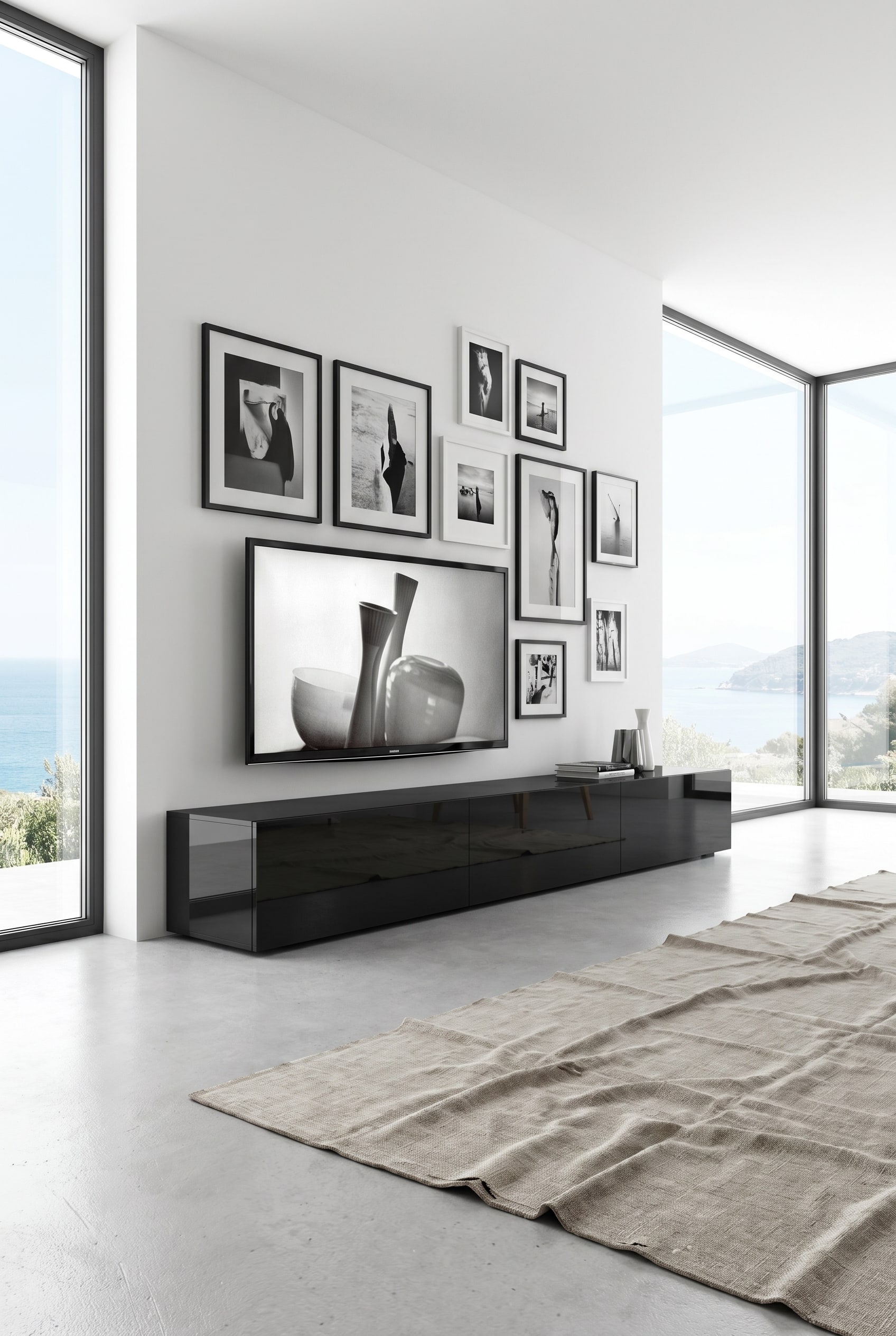 Black high-gloss lowboard with 300cm width as an elegant base for a screen in a modern luxury interior