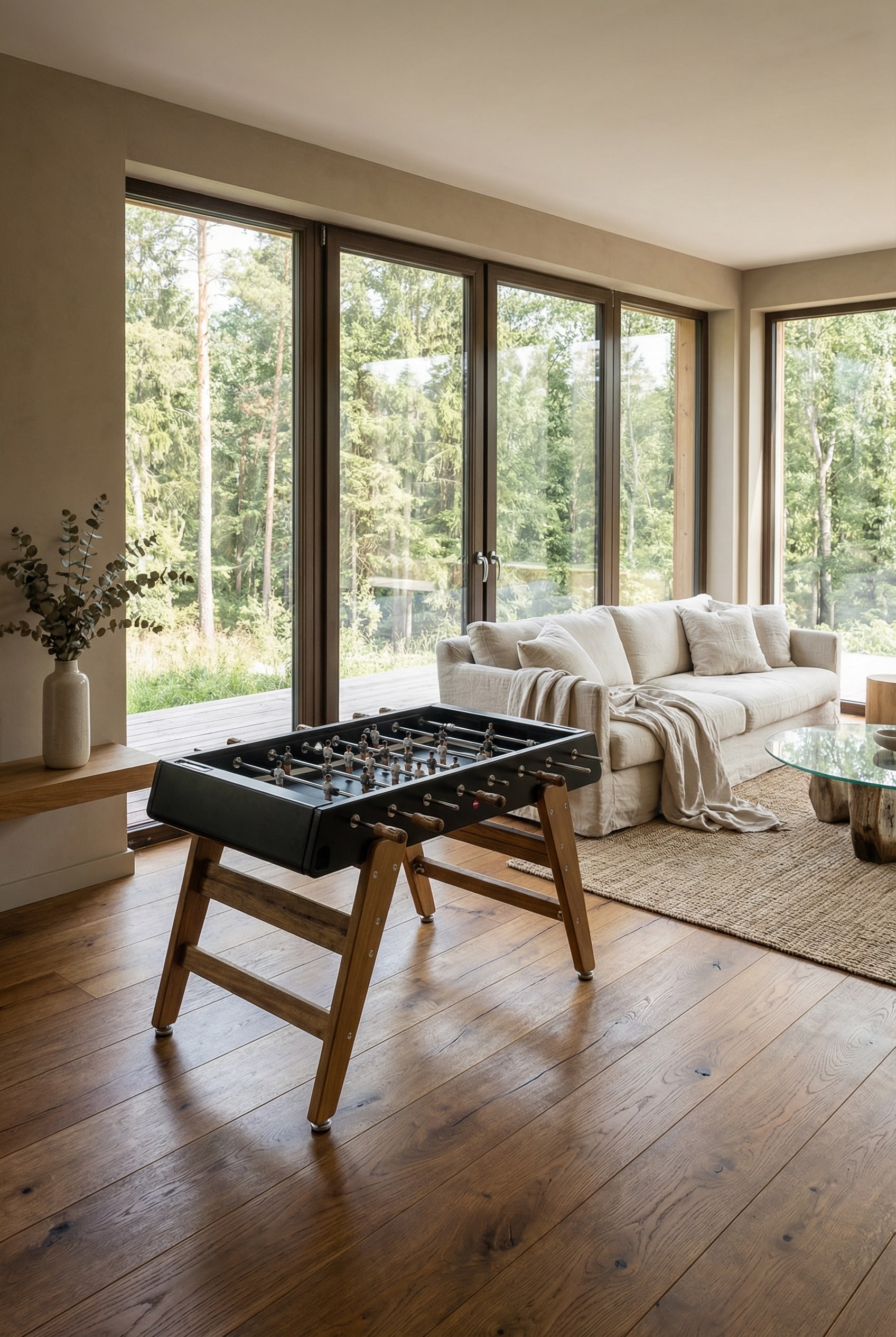 Designer Holz-Tischkicker in einem gemütlichen skandinavischen Wohnzimmer mit Holzparkett und bodentiefen Fenstern. Designer Holz-Tischkicker in einem gemütlichen skandinavischen Wohnzimmer mit Holzparkett und bodentiefen Fenstern.