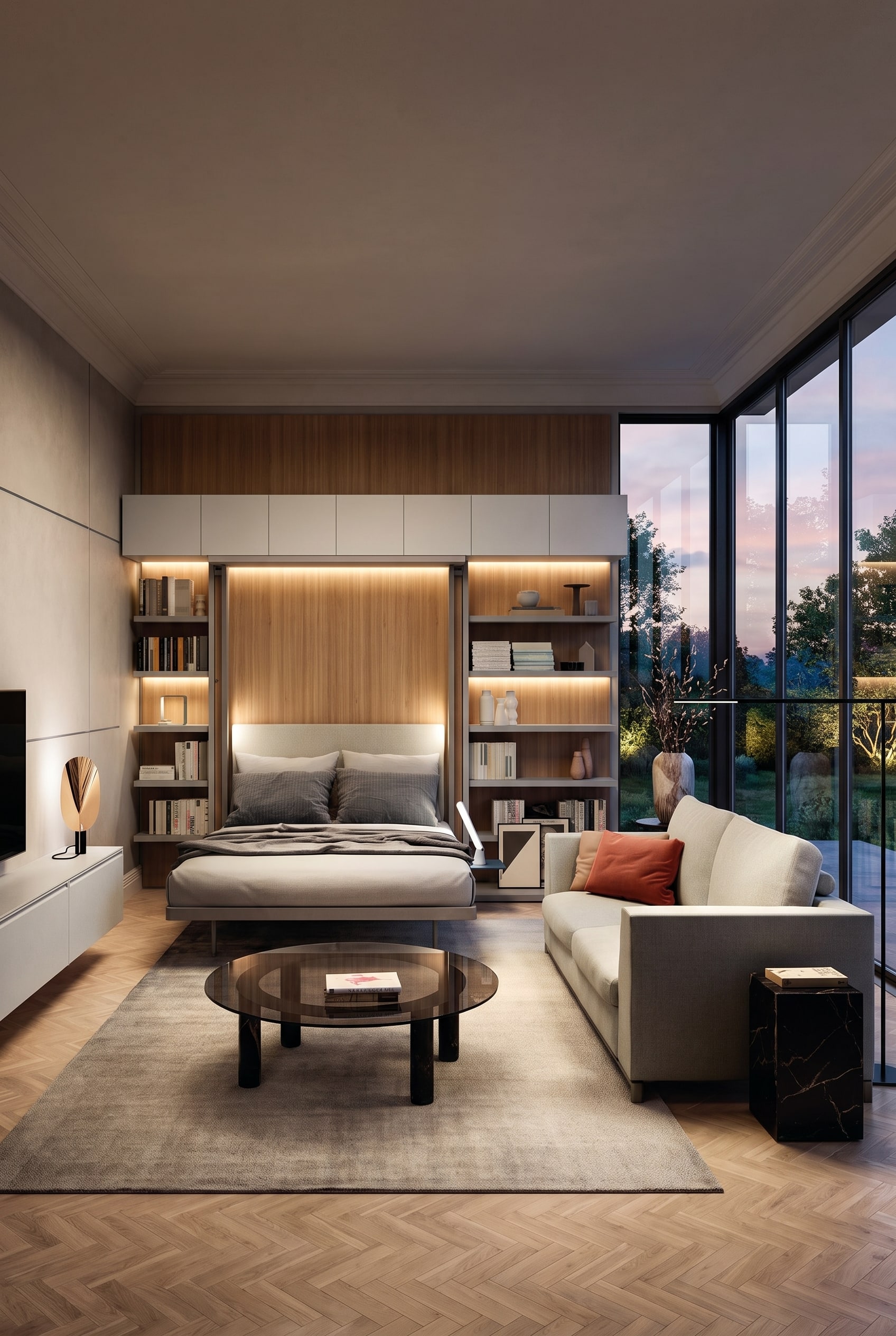Modernes Wohnzimmer mit rotierendem Schrankbett in Eiche und integriertem TV-Regal in Wei&szlig;