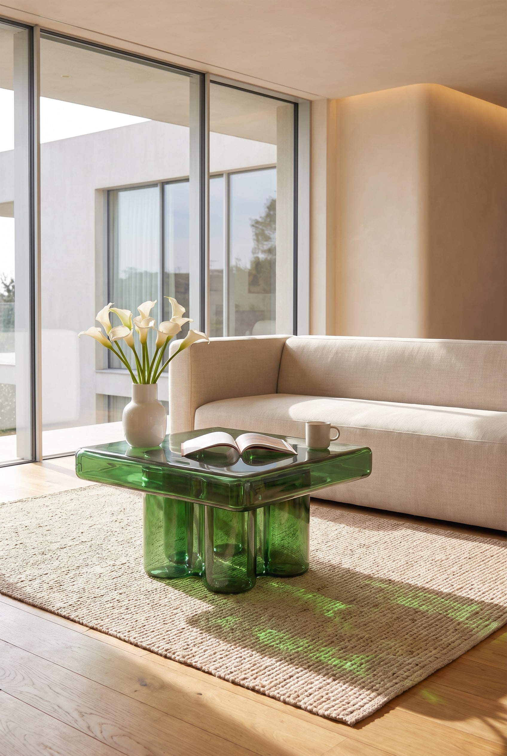 Stylisches Wohnzimmer mit quadratischem Couchtisch aus Muranoglas und hellem Stoffsofa