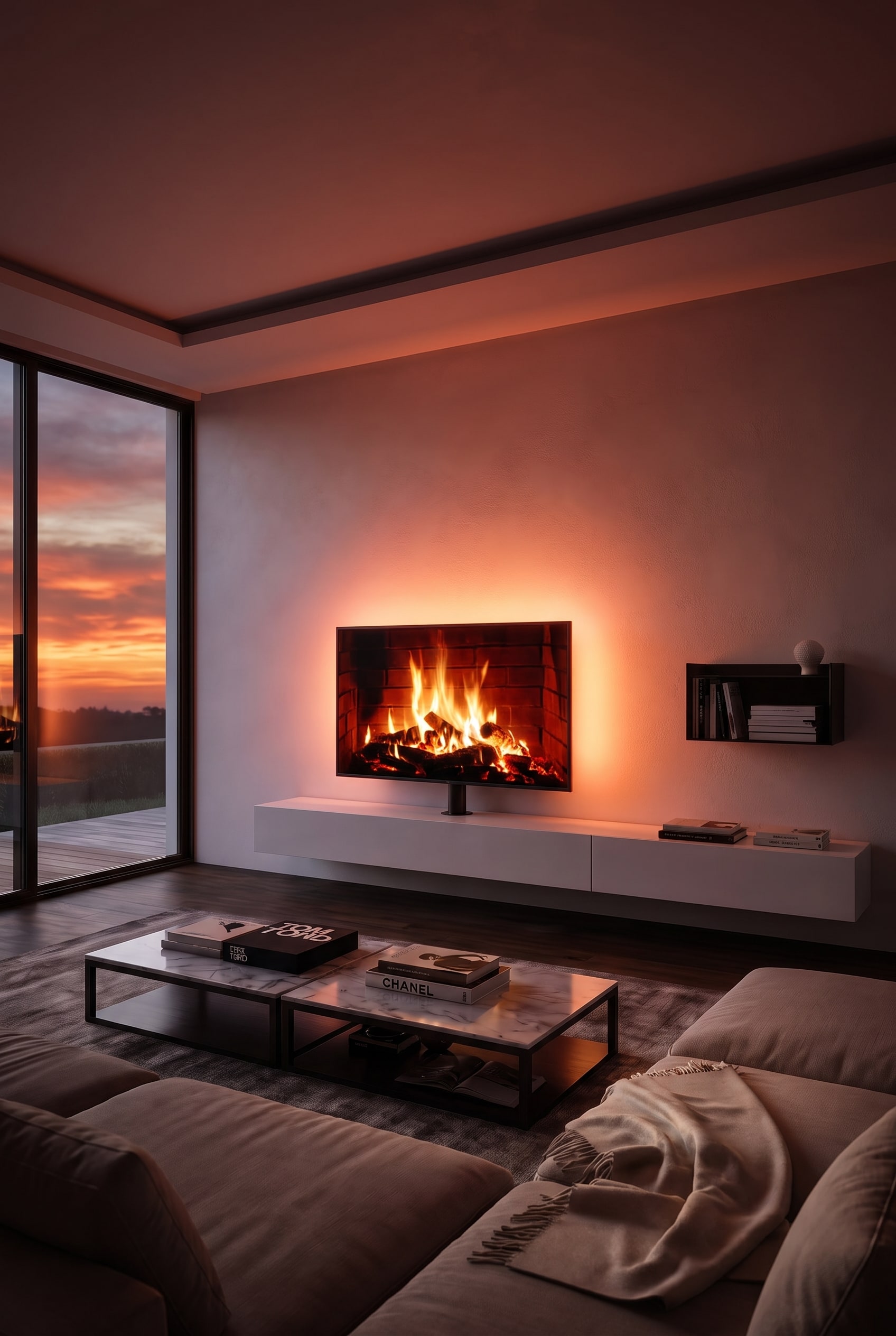 Minimalistisches Wohnzimmer mit wei&szlig;em Lowboard, integrierter TV-Halterung und flachem Bildschirm bei sanfter Hintergrundbeleuchtung