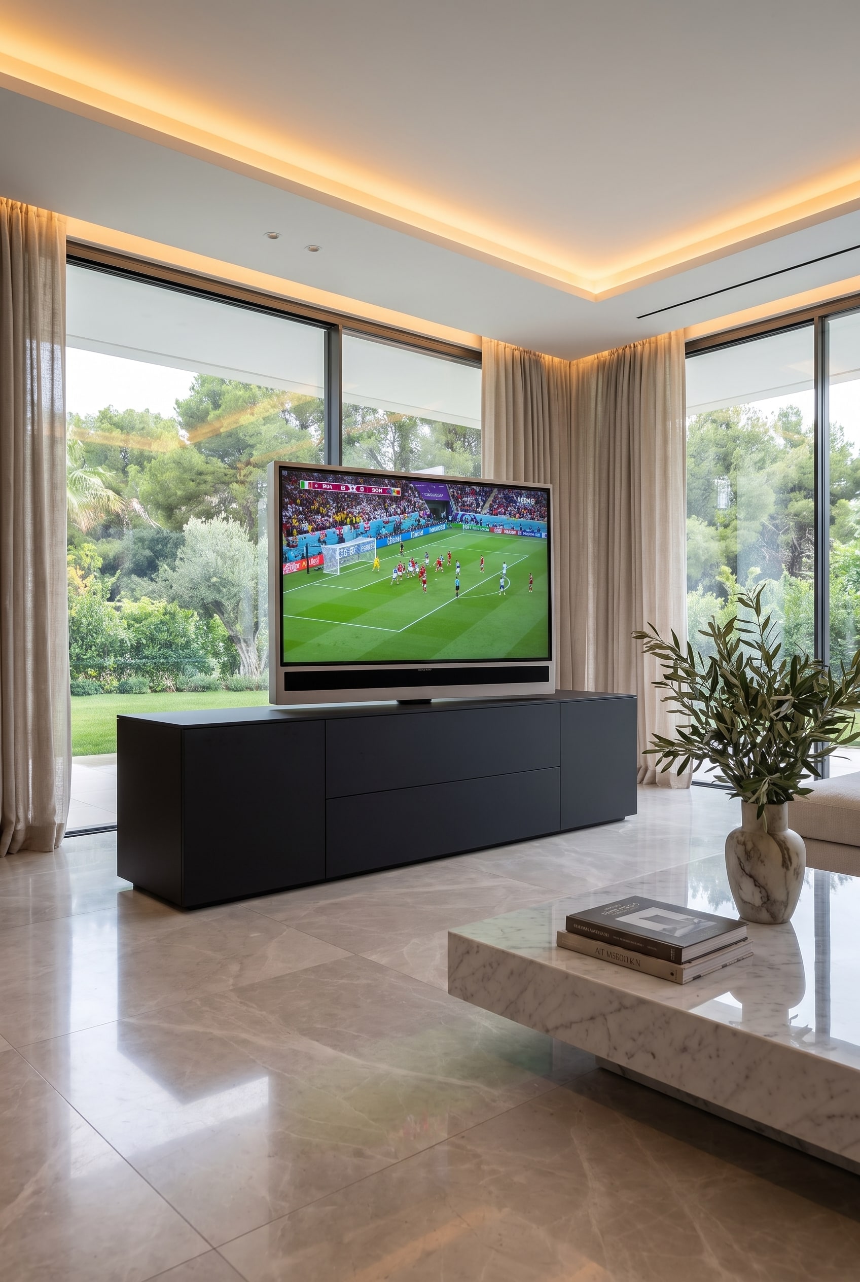 Modern living room with Livitalia Roto Sideboard Room Divider, swiveling TV panel, elegant vases, and large window with indirect lighting