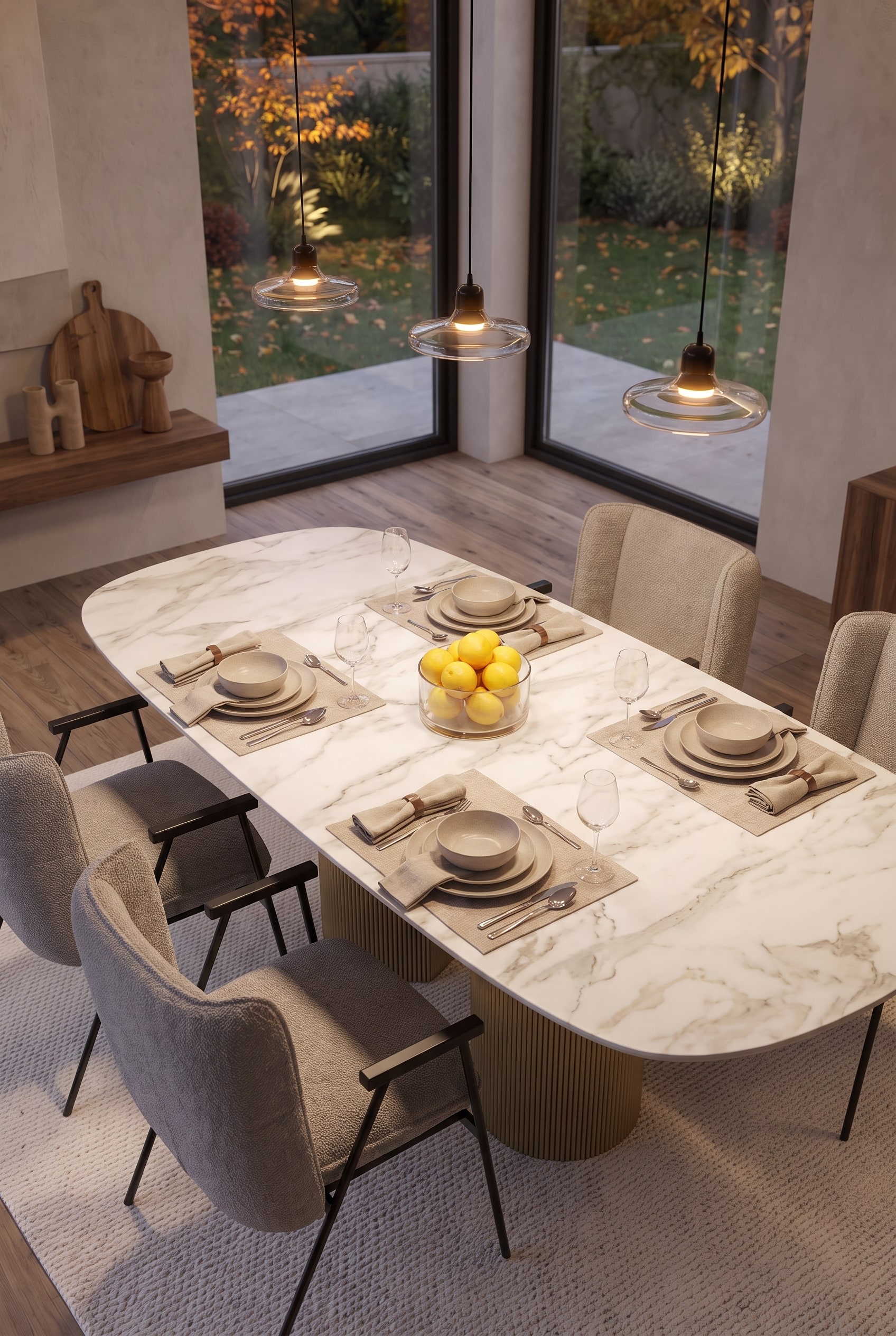 Top view of the symmetrically set dining table for six people with cloth napkins and an autumn garden in the background.