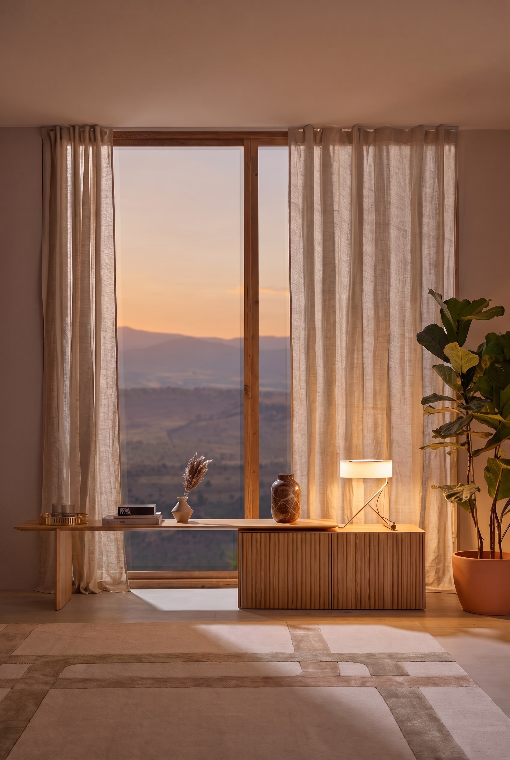 Light Punt Velasca Sideboard in front of a large panoramic window with subtle decoration and a large fiddle-leaf fig.