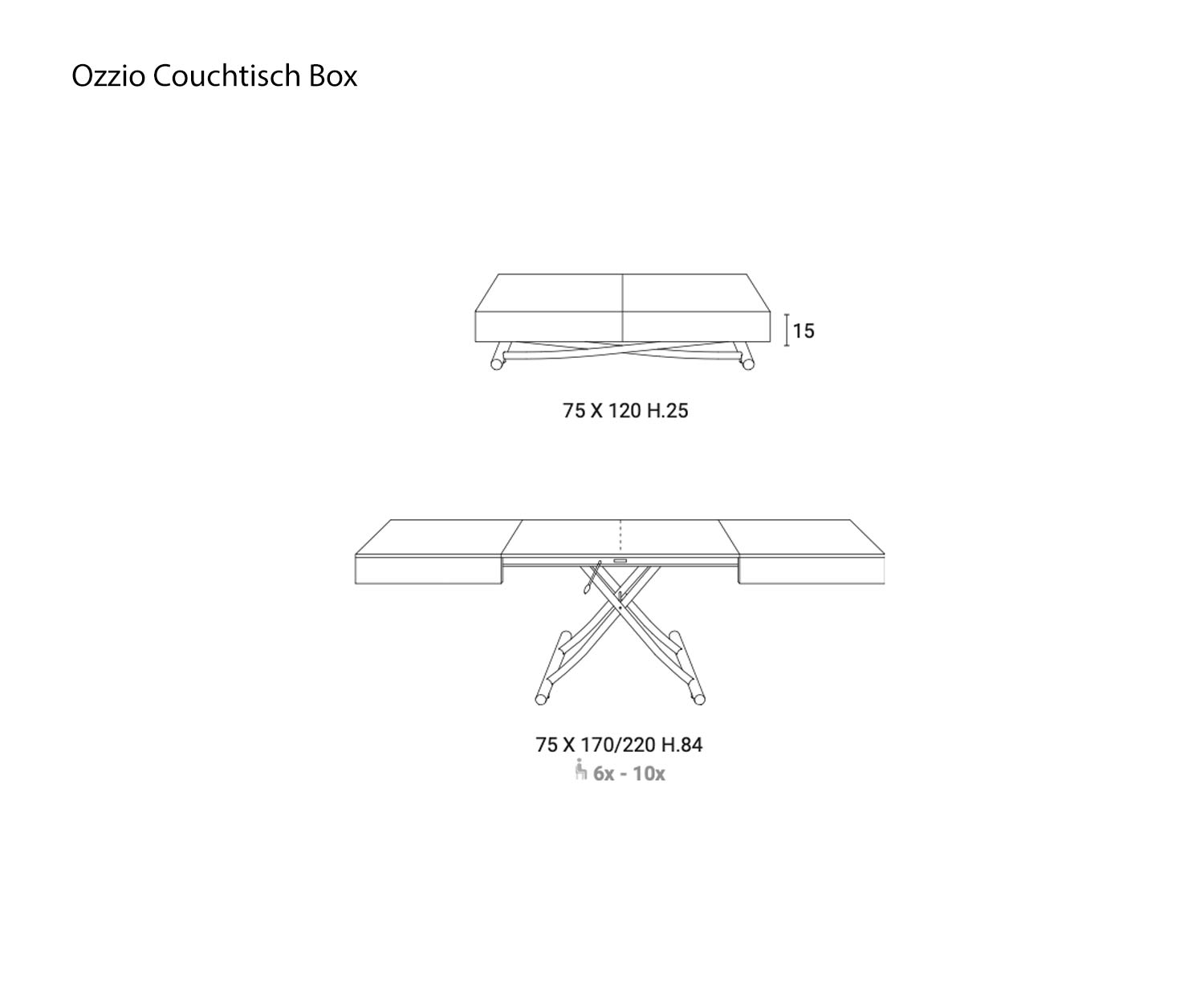 Skizze vom Couchtisch Box von Ozzio Größe Maße Größenangaben