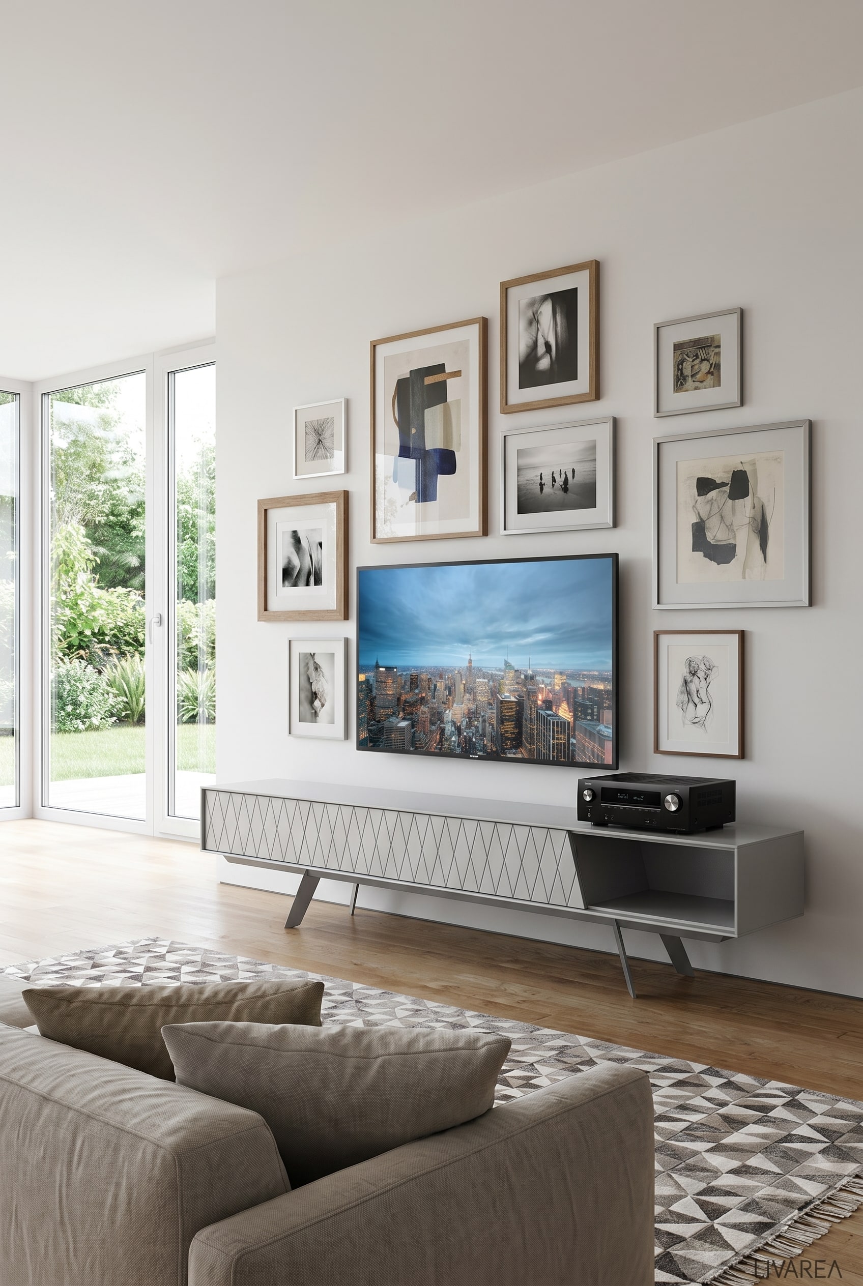 Light designer lowboard with diamond pattern on the doors under a simple flat screen in front of a generous window facade