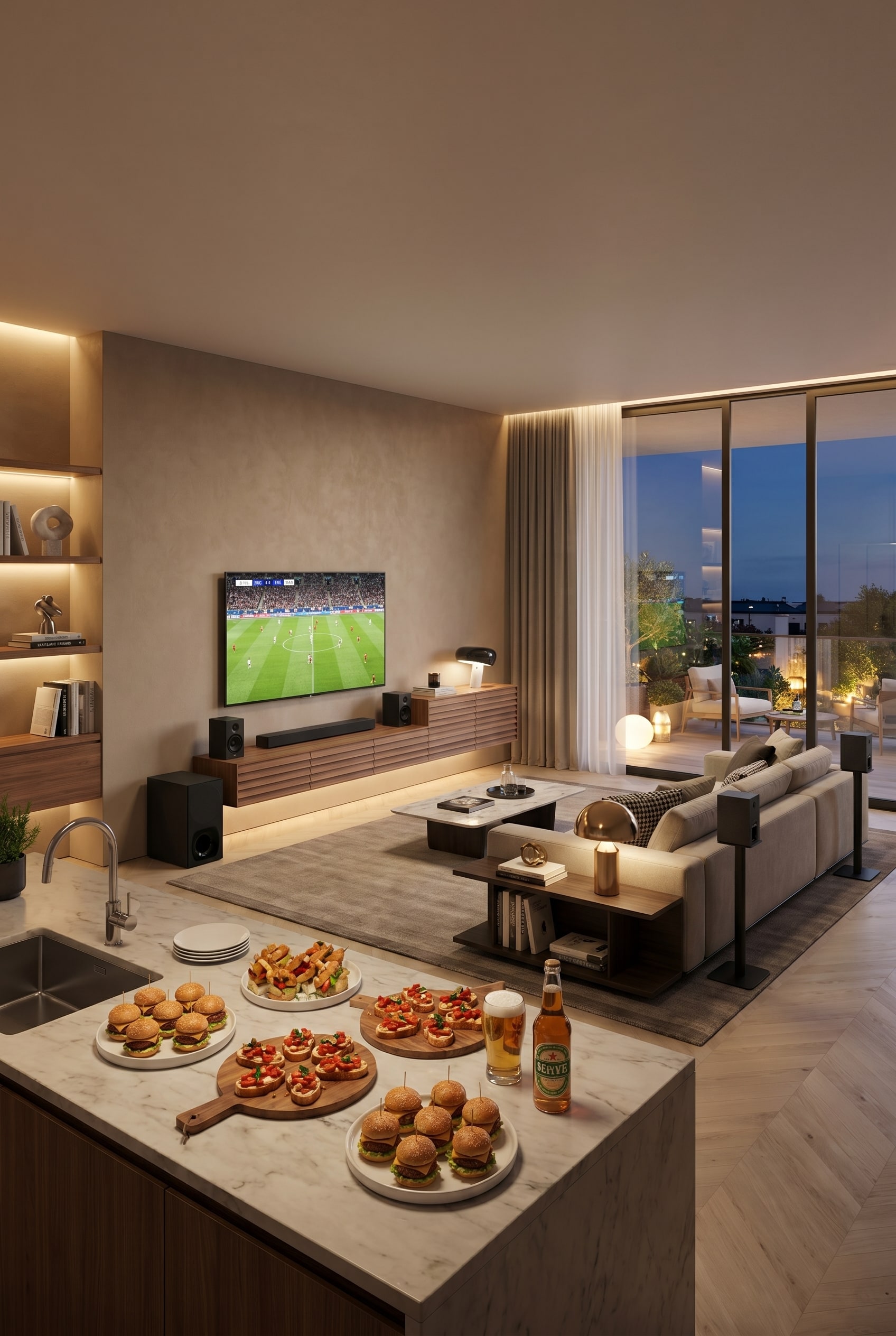 A modern living room with an elegant slatted sideboard, in which a Sony 5.1 home cinema system with wireless speakers is invisibly integrated