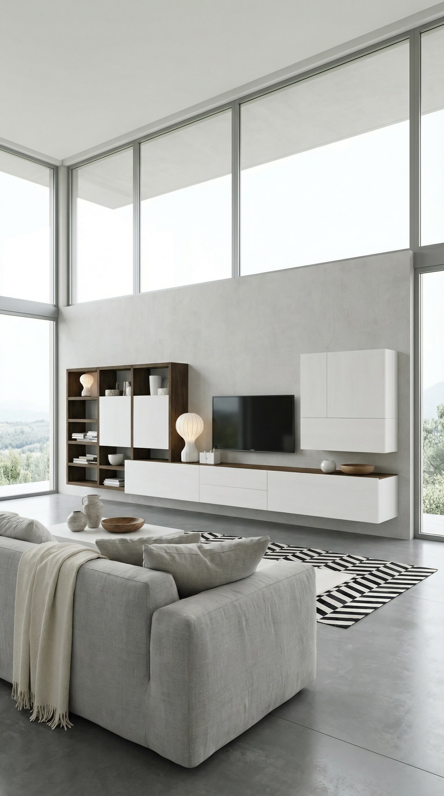 Weisse moderne Wohnwand im Landhausstil mit hellen Holzelementen Weisse moderne Wohnwand im Landhausstil mit hellen Holzelementen