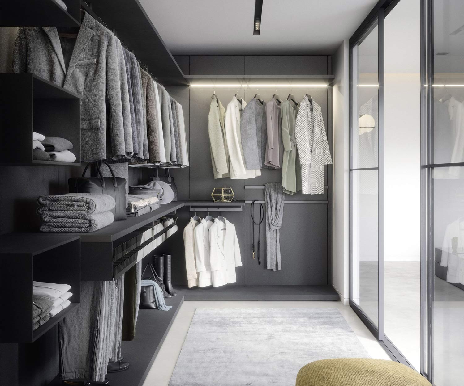 Walk In Closet Ankleidezimmerr Luxus dunkel mit LED Licht individuell