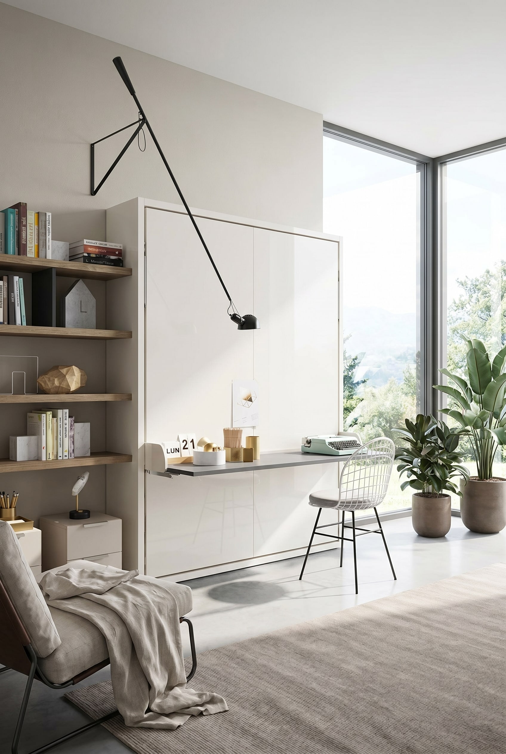 Ein weißes Schrankbett mit integriertem Schreibtisch im modern minimalistischen Stil vor großen Fenstern. Ein weißes Schrankbett mit integriertem Schreibtisch im modern minimalistischen Stil vor großen Fenstern.