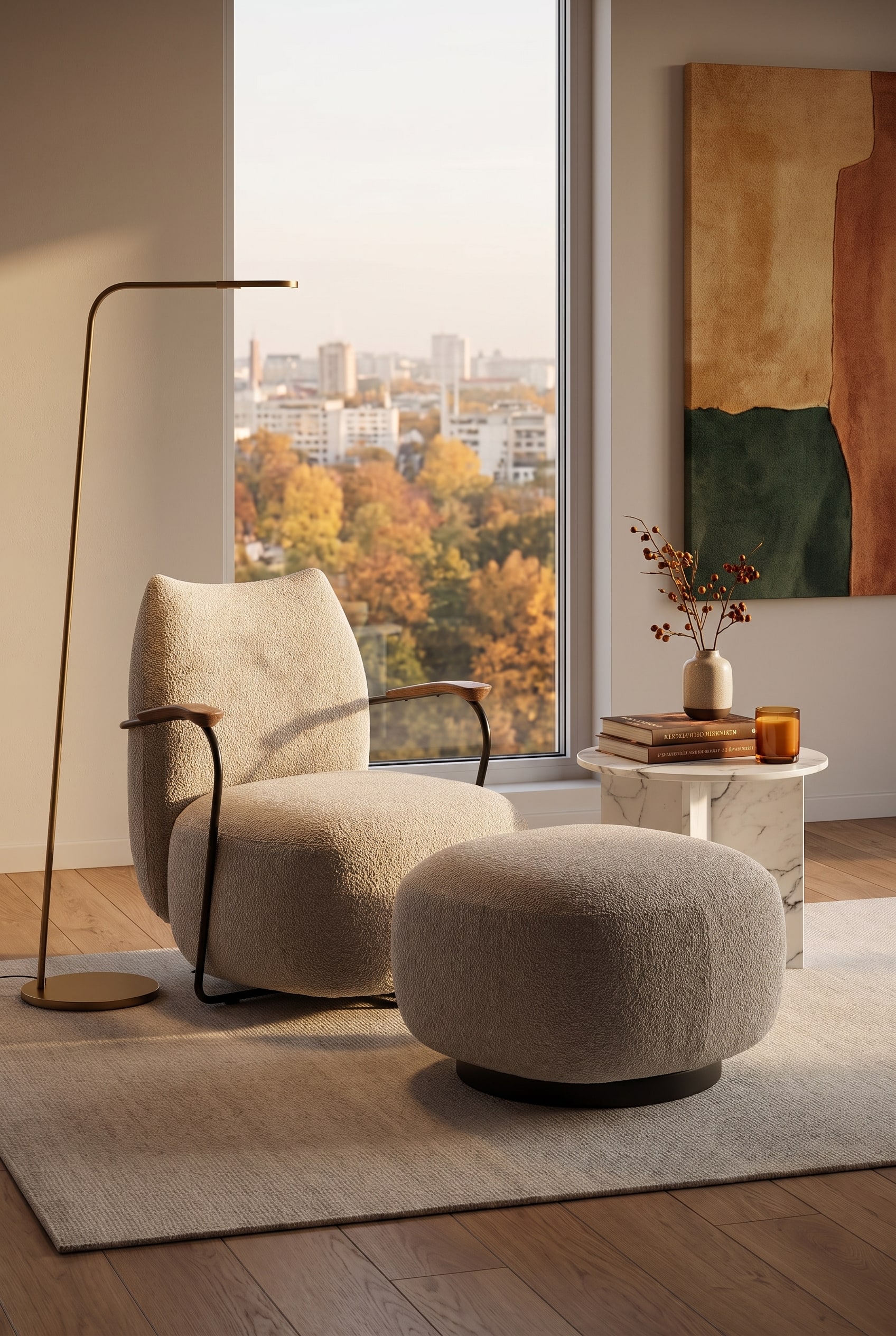 The voluminous Prostoria Sessel Buffa in an autumnally decorated living room, surrounded by chunky knit pillows and a soft rug.